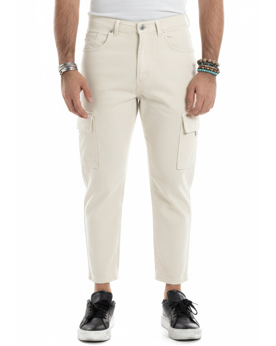 Jeans uomo cargo alla caviglia loose fit casual basic pantaloni con tasche tasconi panna GIOSAL-JS1195A