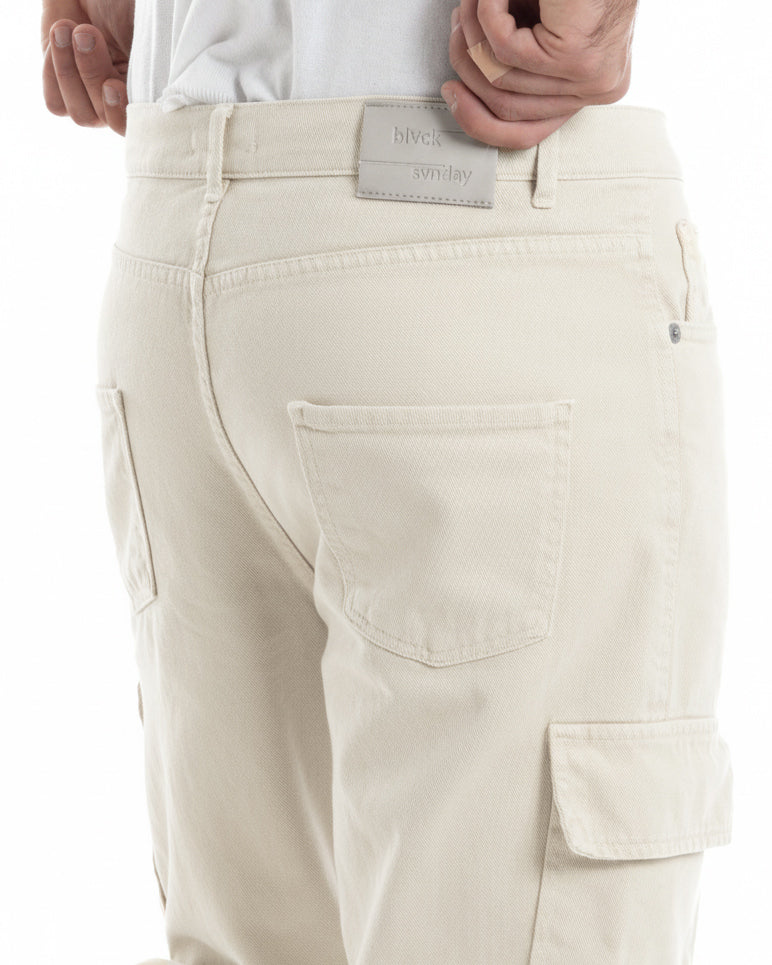 Jeans uomo cargo alla caviglia loose fit casual basic pantaloni con tasche tasconi panna GIOSAL-JS1195A
