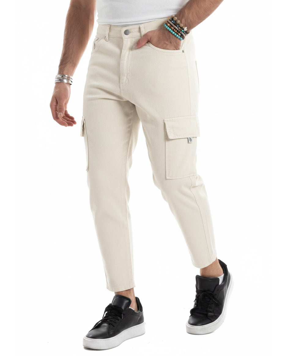 Jeans uomo cargo alla caviglia loose fit casual basic pantaloni con tasche tasconi panna GIOSAL-JS1195A