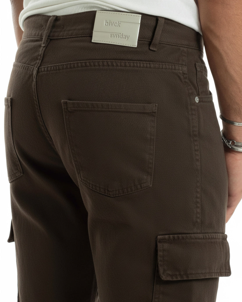 Jeans uomo cargo alla caviglia loose fit casual basic pantaloni con tasche tasconi marrone GIOSAL-JS1196A