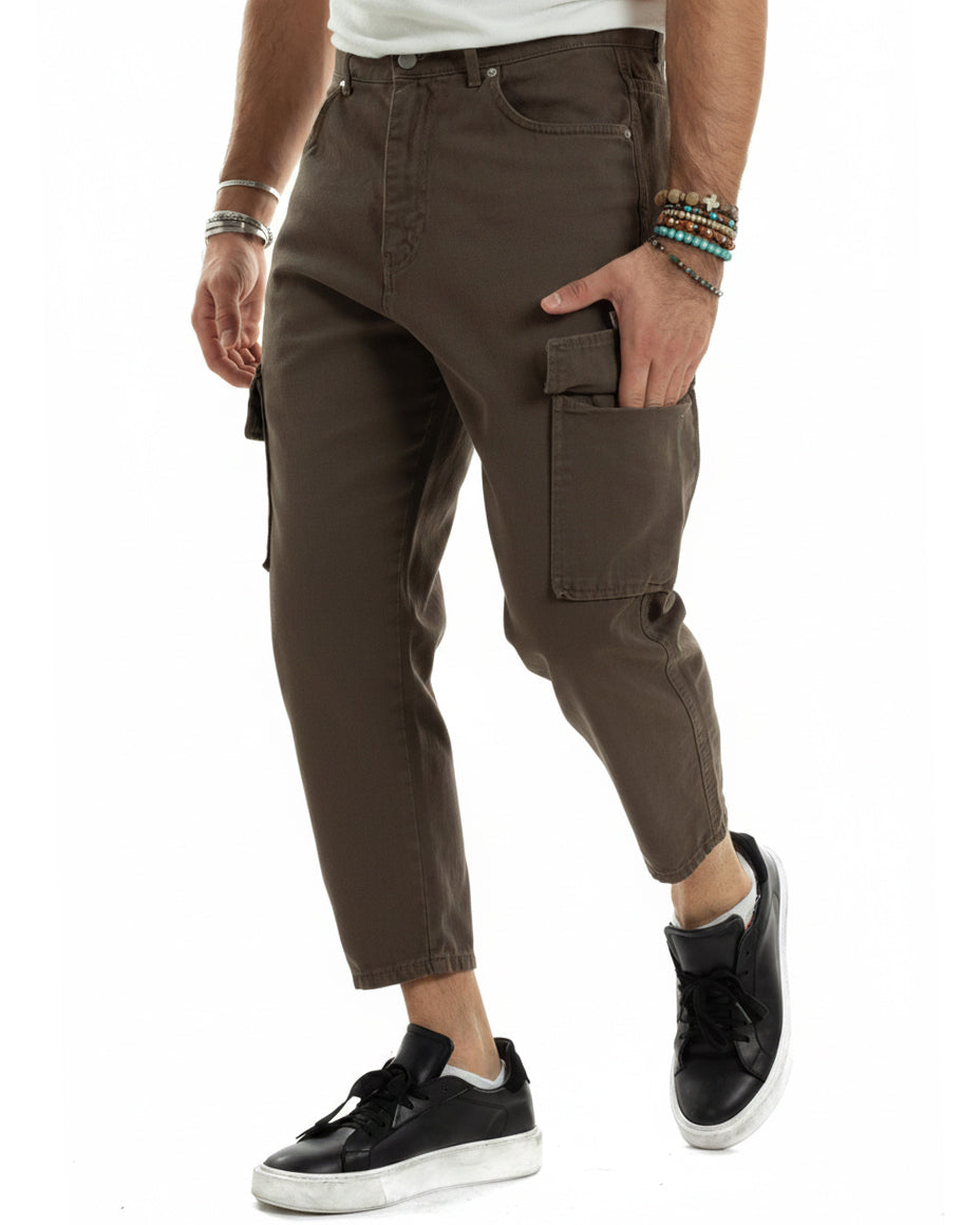 Jeans uomo cargo alla caviglia loose fit casual basic pantaloni con tasche tasconi marrone GIOSAL-JS1196A