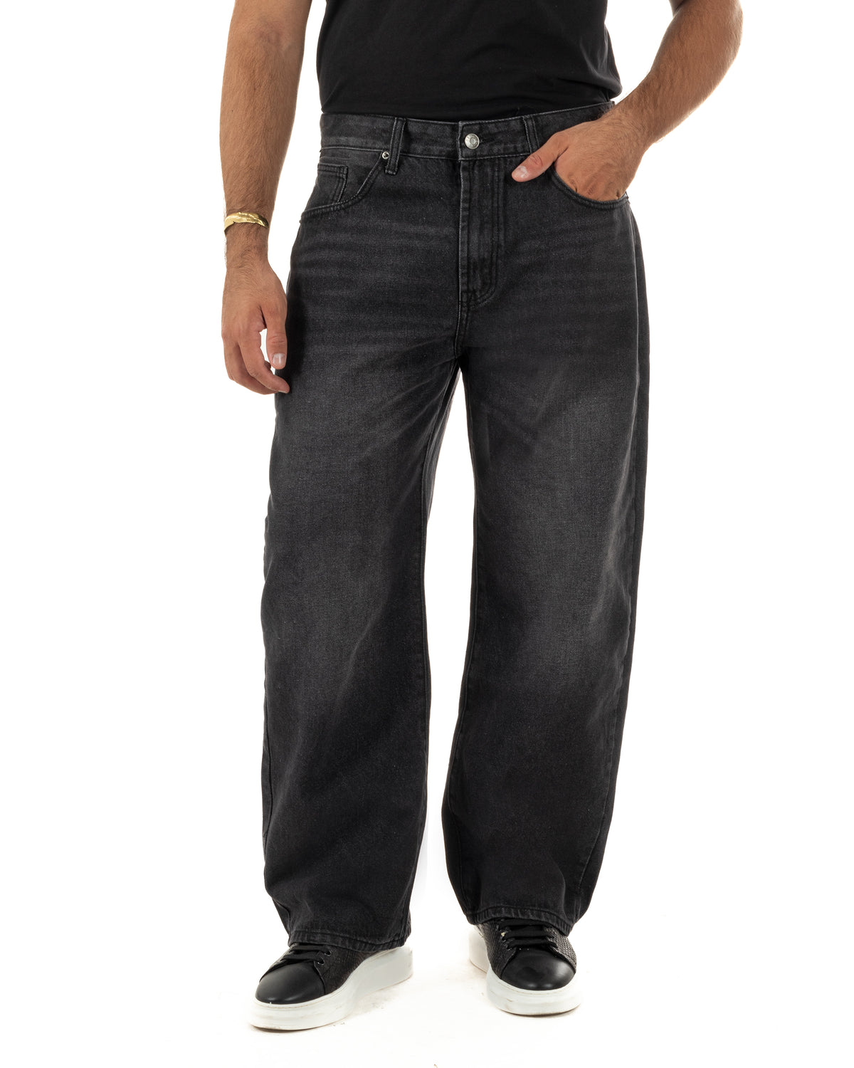 Jeans uomo wide leg washed baggy denim nero GIOSAL-JS1198A