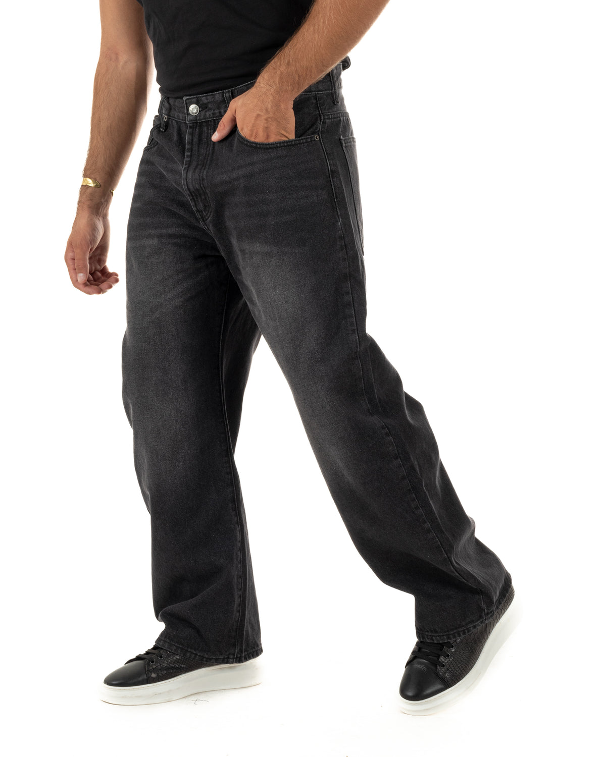Jeans uomo wide leg washed baggy denim nero GIOSAL-JS1198A