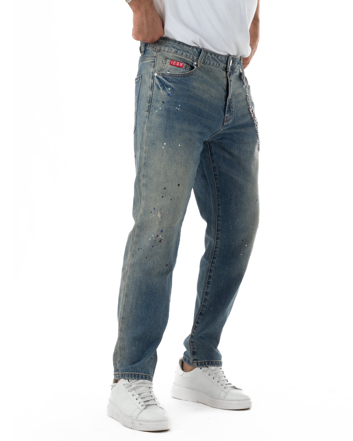 Dettaglio dell’effetto paint sui jeans uomo ICON