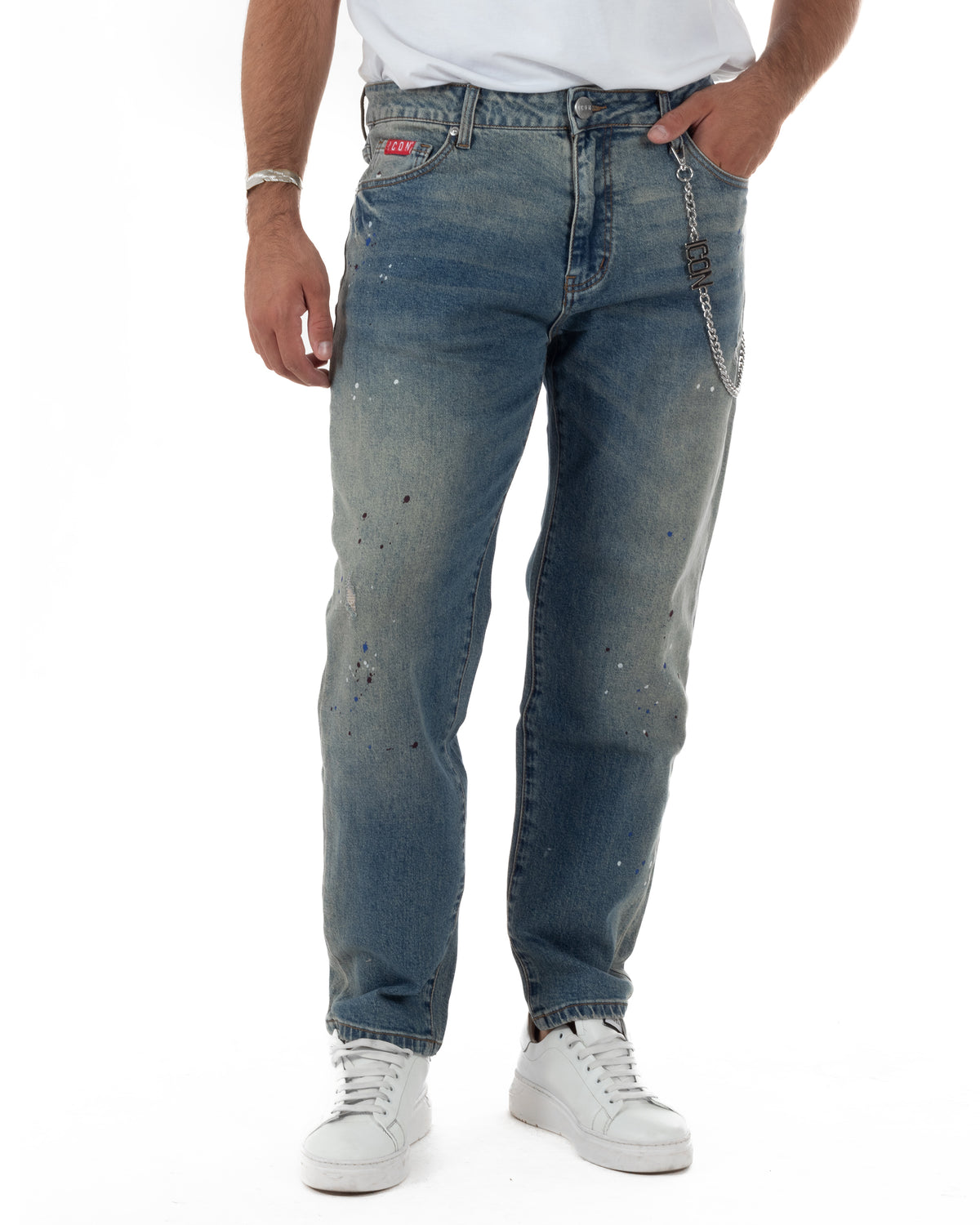 Jeans uomo ICON slim fit in denim sabbiato con effetto washed paint