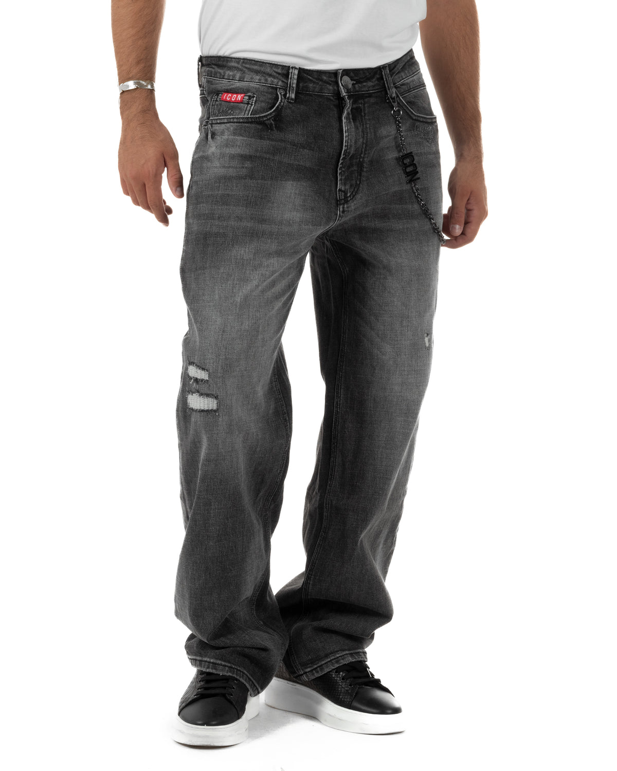 Jeans uomo nero baggy fit effetto washed con dettagli distressed