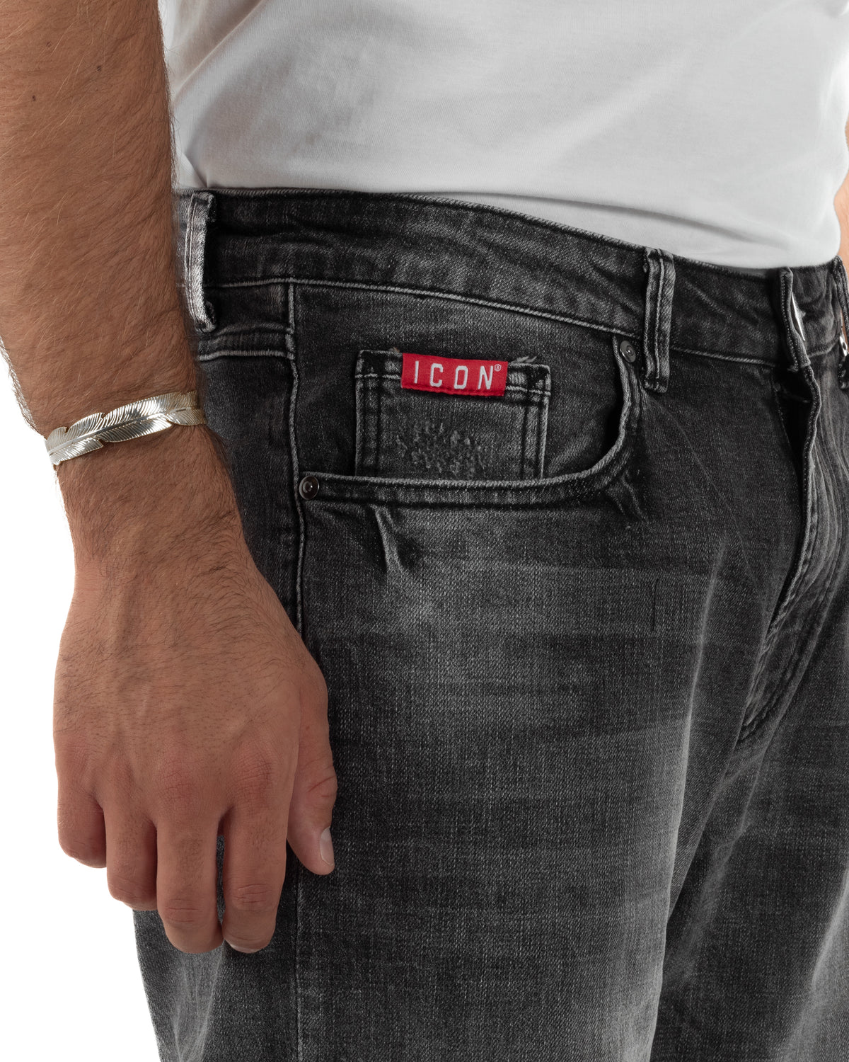 Jeans uomo streetwear baggy fit washed con rotture denim nero ICON IUD028