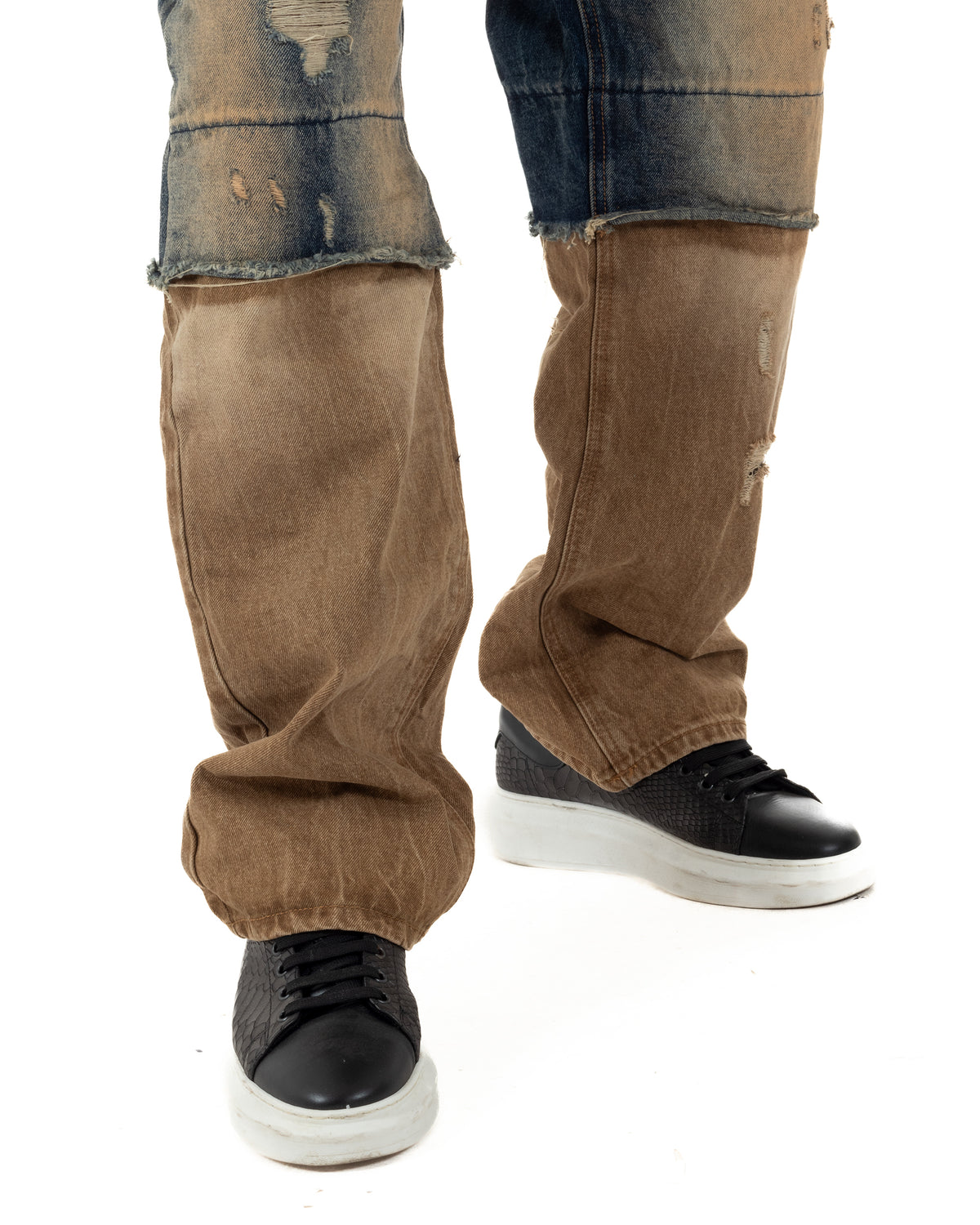 Jeans uomo baggy a contrasto con strappi lavaggio vintage denim sabbiato GIOSAL-JS1202A