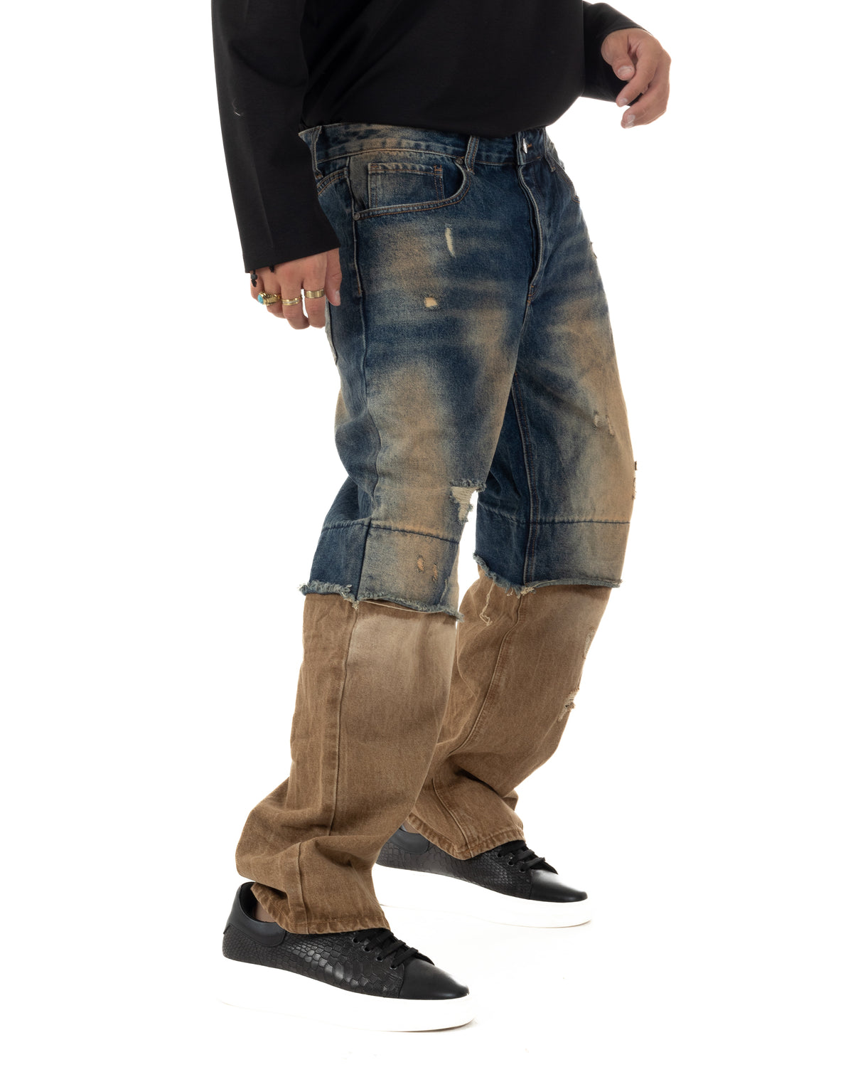 Jeans uomo baggy a contrasto con strappi lavaggio vintage denim sabbiato GIOSAL-JS1202A
