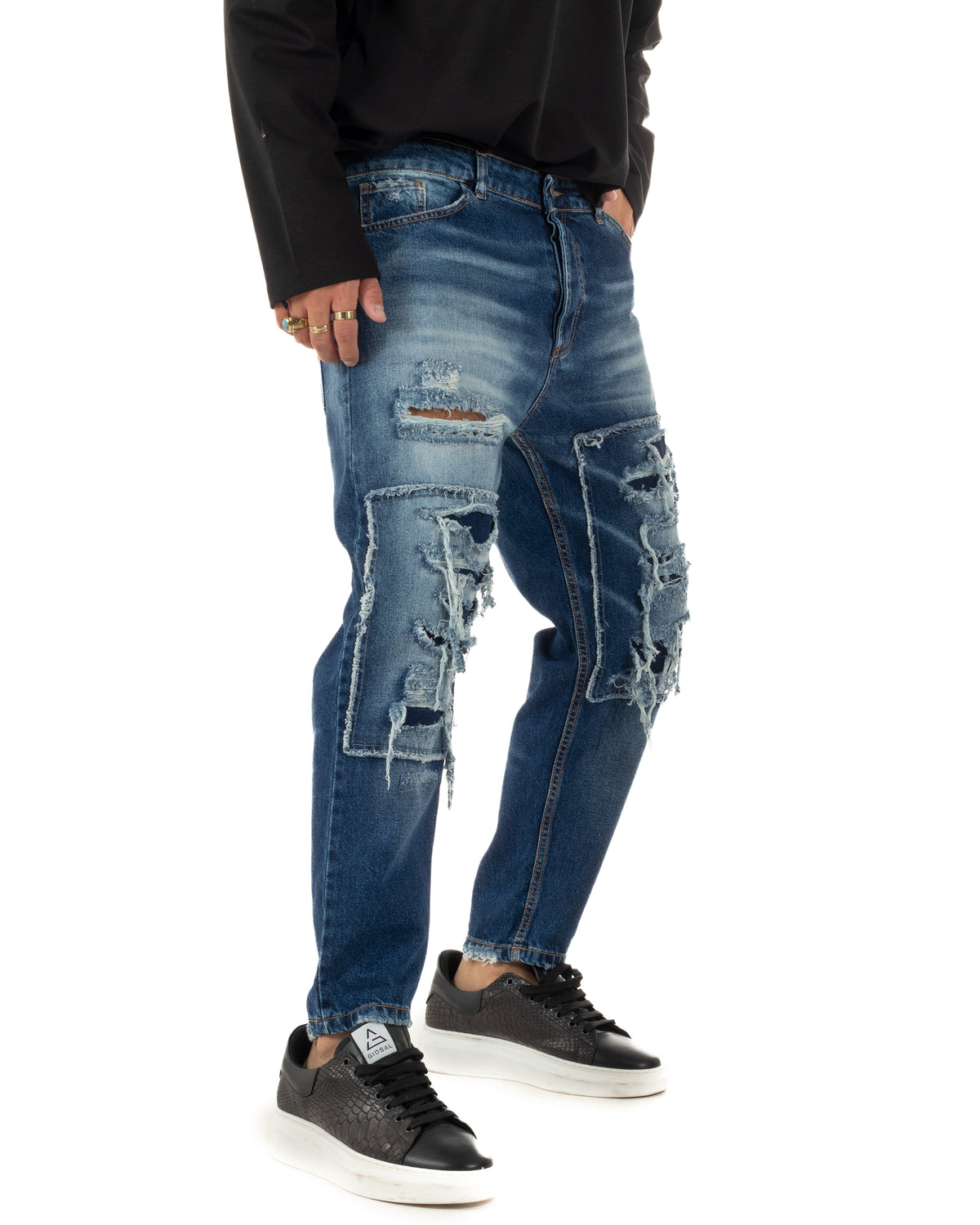 Jeans uomo stone washed cuciture sagomate con rotture denim GIOSAL-JS1203A