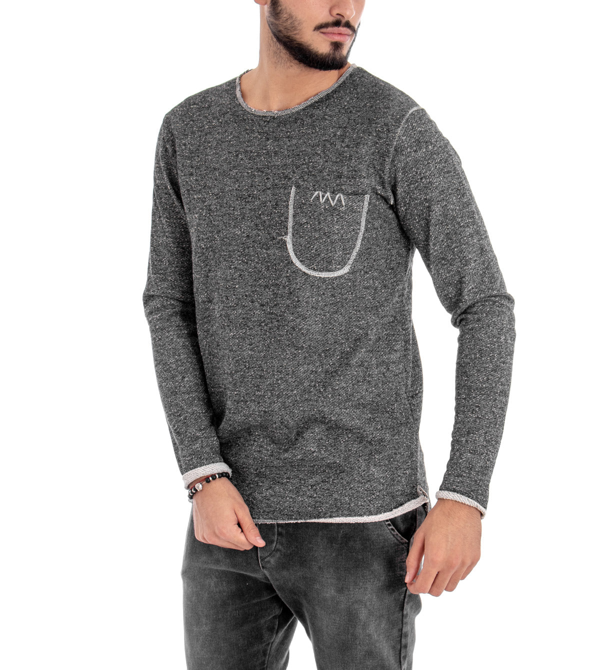 Men's Sweater Round Neck Stitching Pocket Solid Color Light Gray Casual GIOSAL