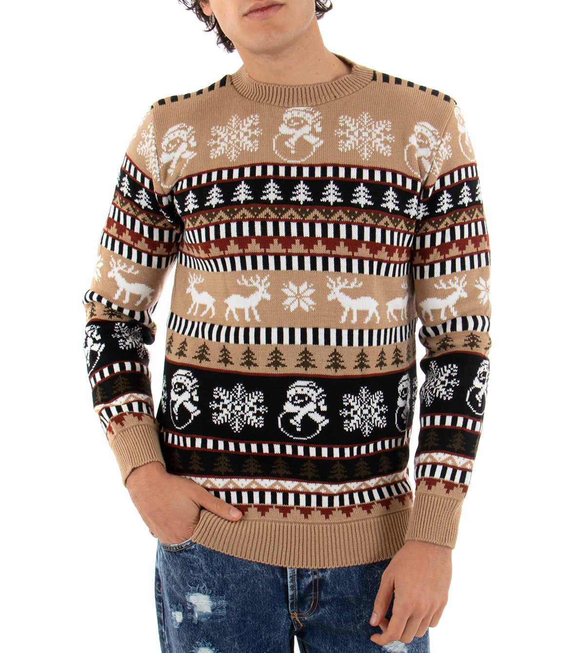 Maglioncino Uomo Winter Girocollo Maglia Rigata Multicolore Pullover Natalizio Beige GIOSAL-M2165A