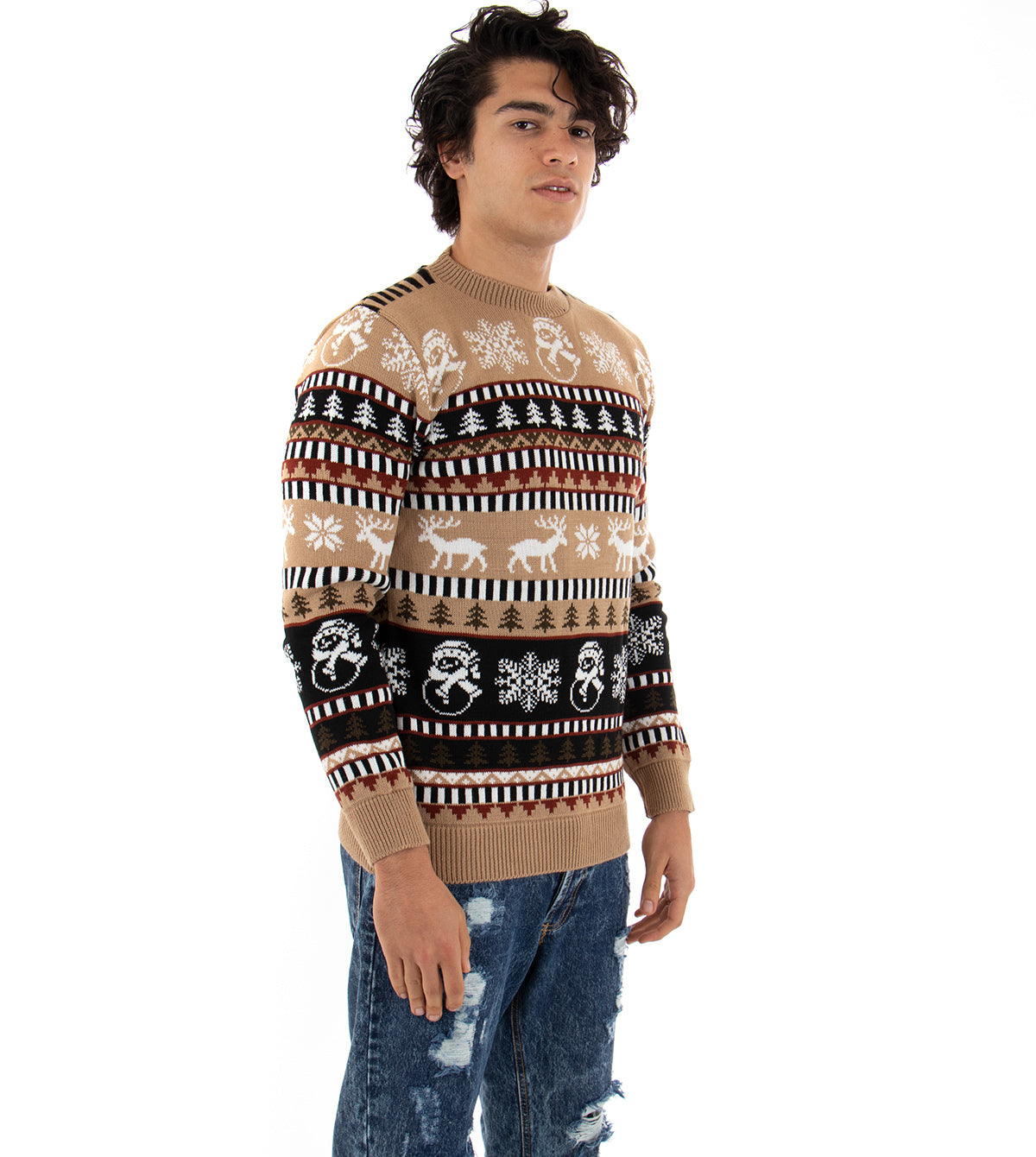 Maglioncino Uomo Winter Girocollo Maglia Rigata Multicolore Pullover Natalizio Beige GIOSAL-M2165A