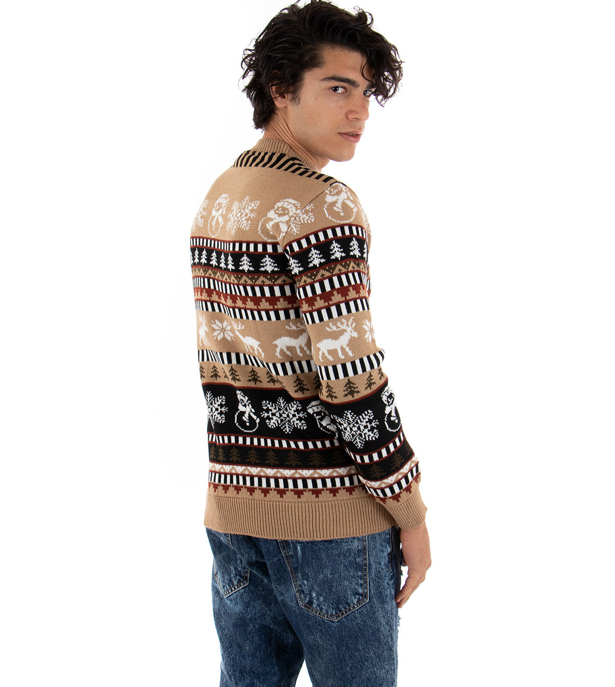 Maglioncino Uomo Winter Girocollo Maglia Rigata Multicolore Pullover Natalizio Beige GIOSAL-M2165A