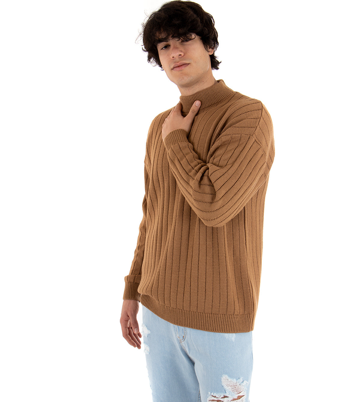 Men's Half-Neck Sweater Solid Color Camel Ribbed Striped Weave GIOSAL-M2170A