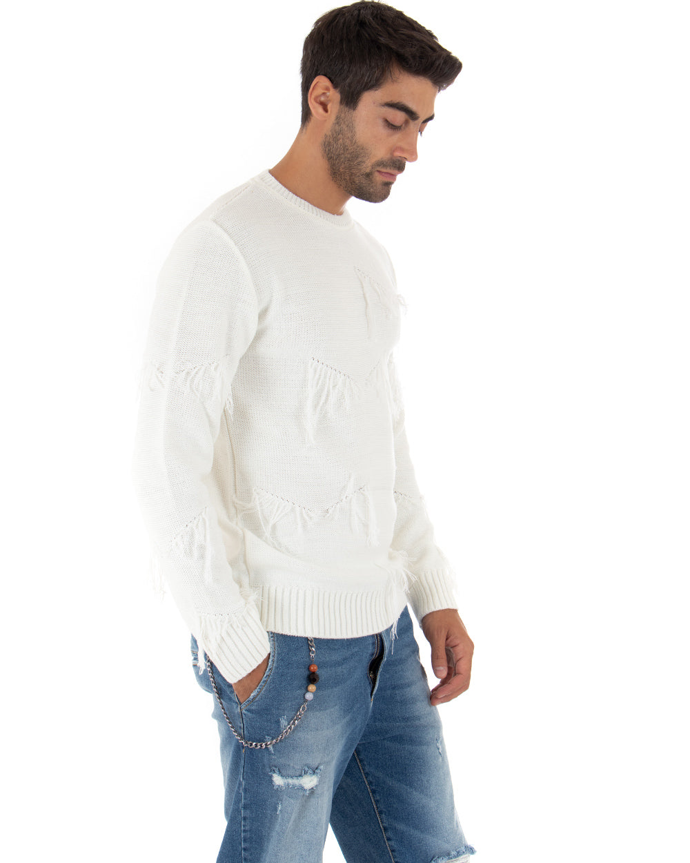 Men's Sweater Long Sleeves Fringed Solid Color White Casual GIOSAL
