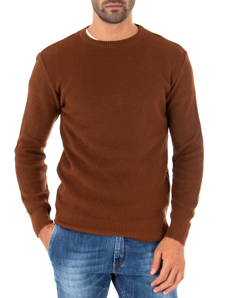 Men's Sweater Long Sleeves Round Neck Basic Solid Color Tobacco GIOSAL
