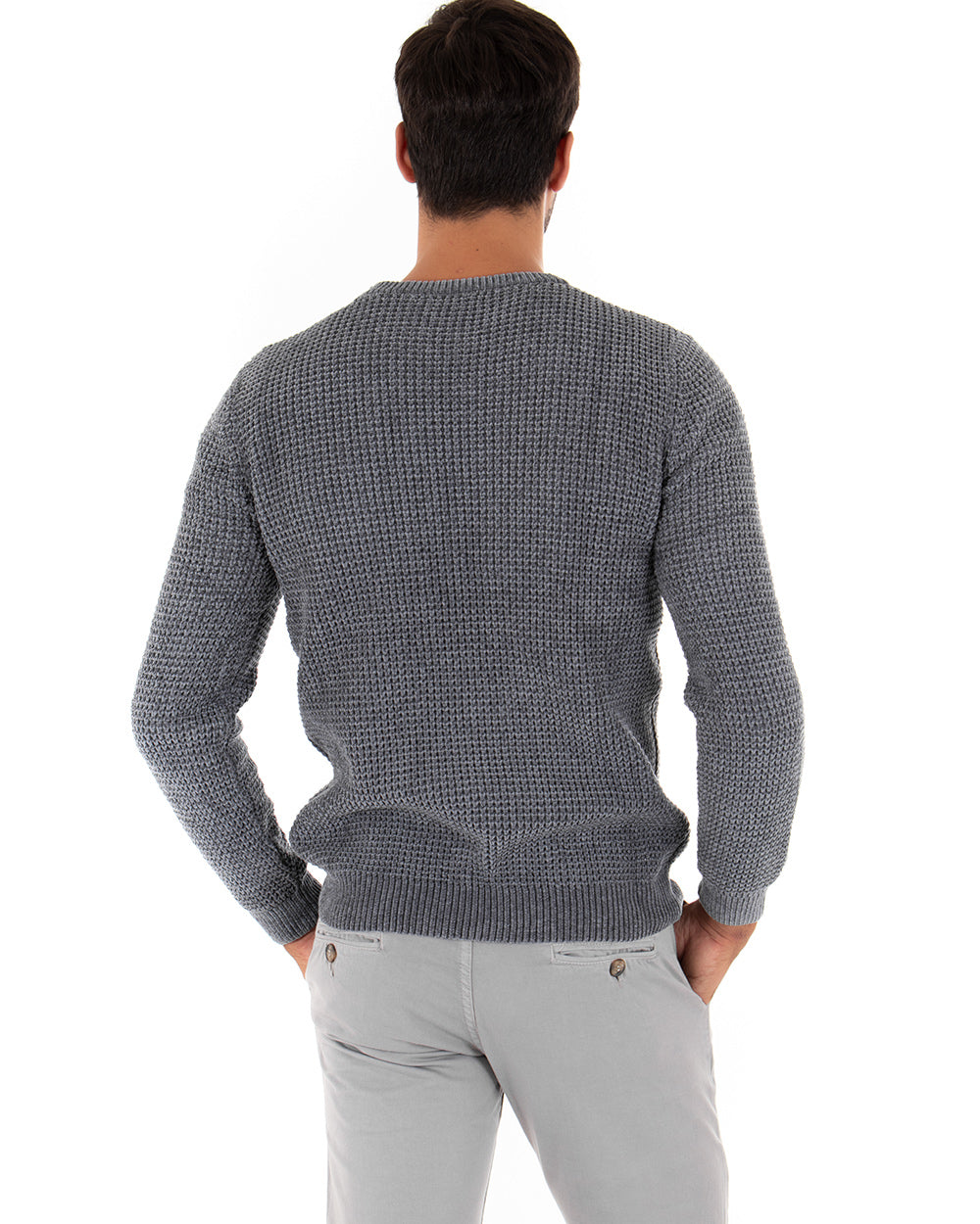Men's Sweater Long Sleeves Chenille Solid Color Gray Crew Neck GIOSAL