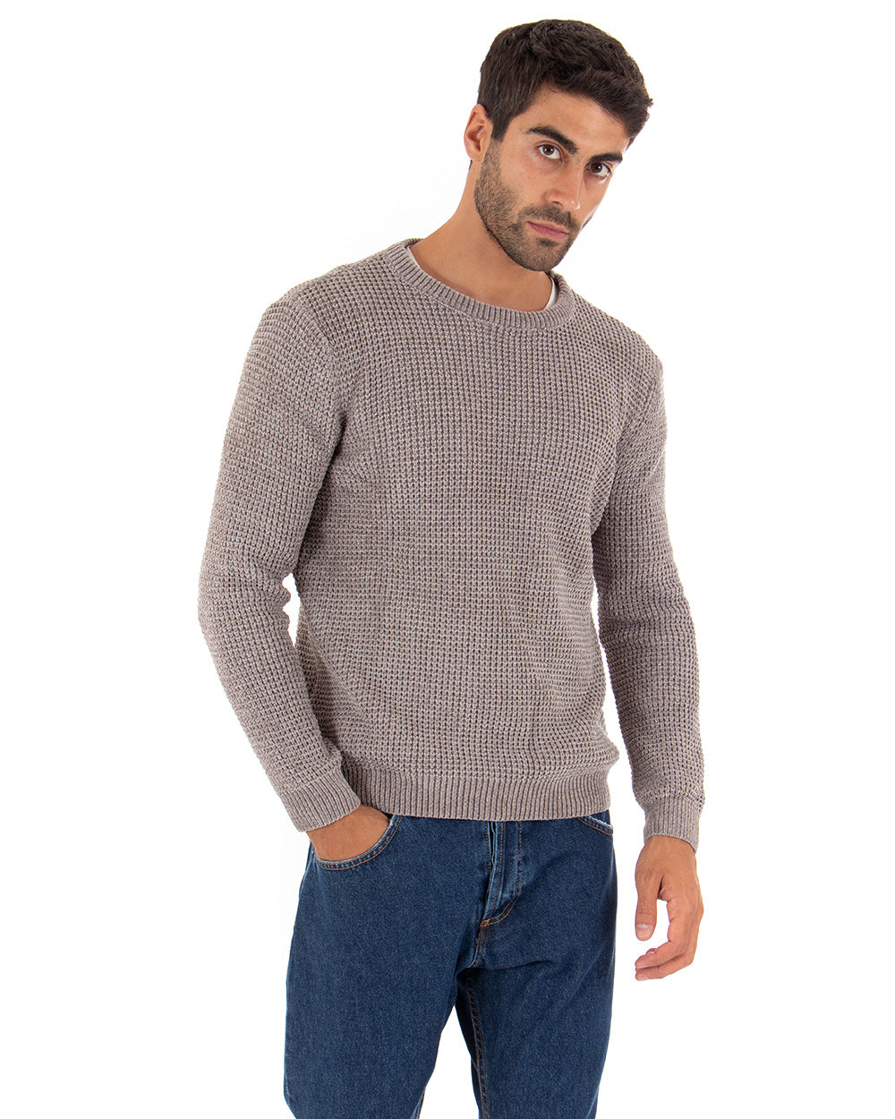 Men's Sweater Long Sleeves Chenille Solid Color Mud Round Neck GIOSAL