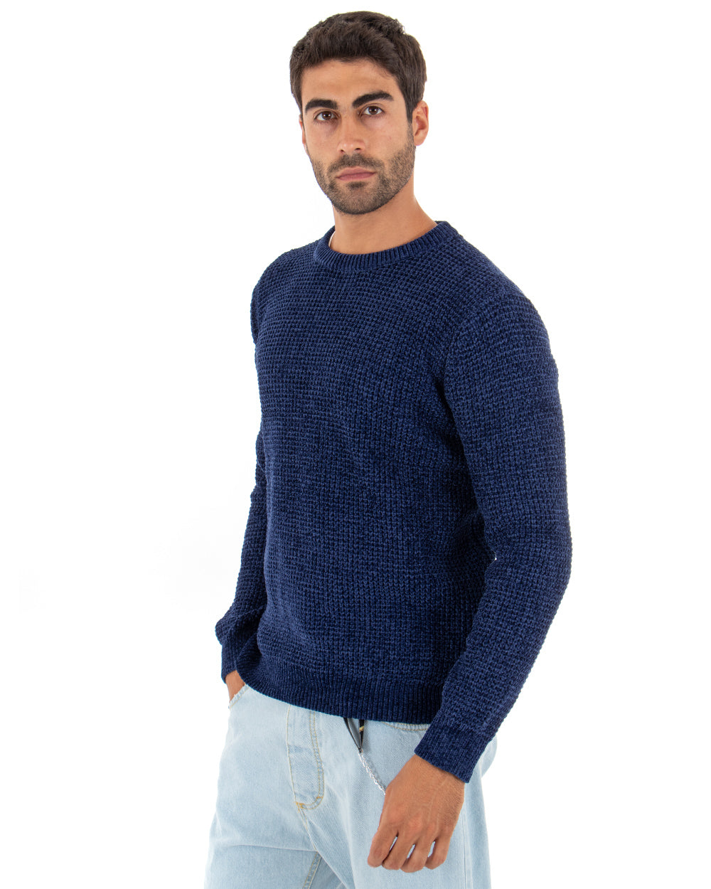 Men's Sweater Long Sleeves Chenille Solid Color Blue Crew Neck GIOSAL