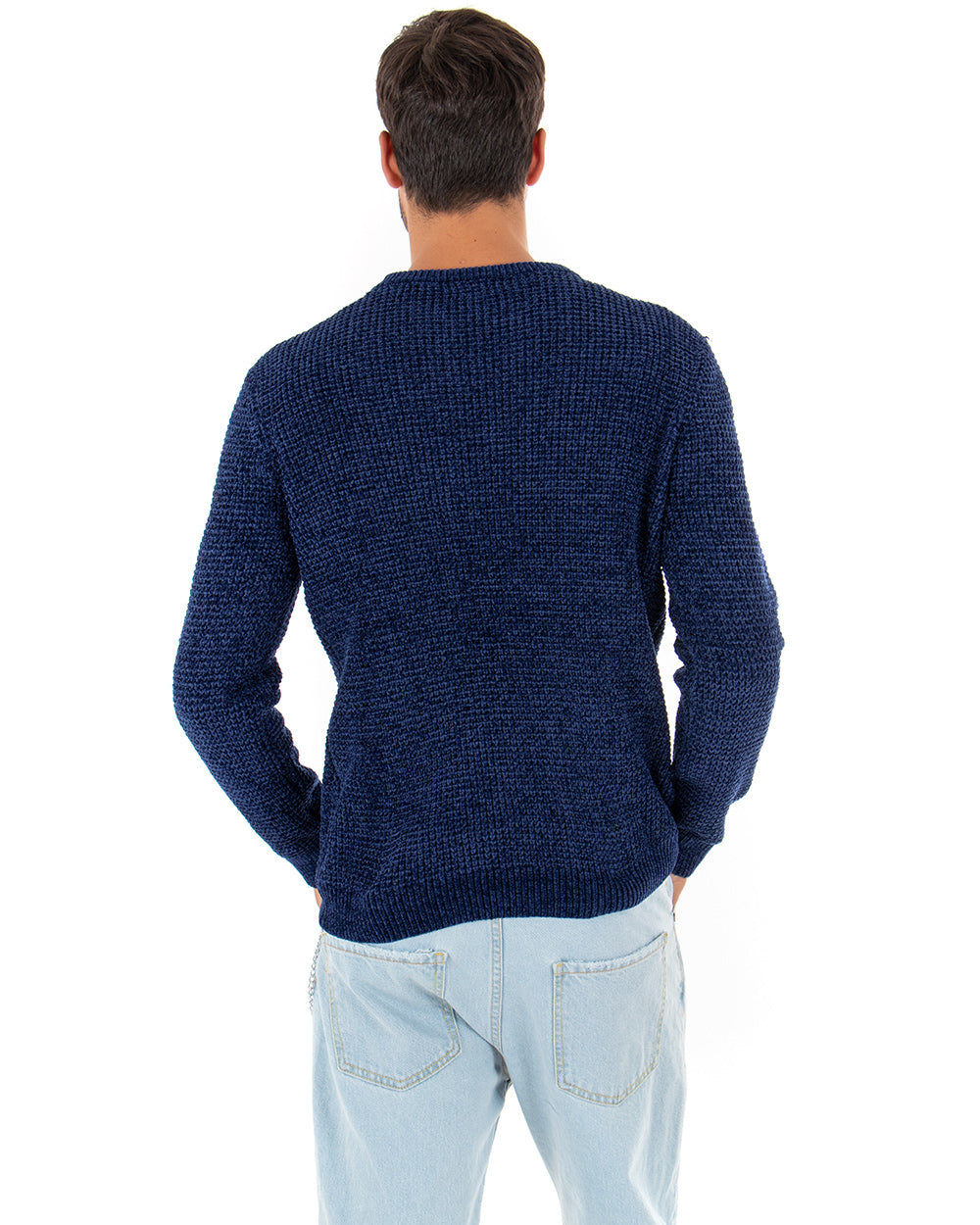 Men's Sweater Long Sleeves Chenille Solid Color Blue Crew Neck GIOSAL
