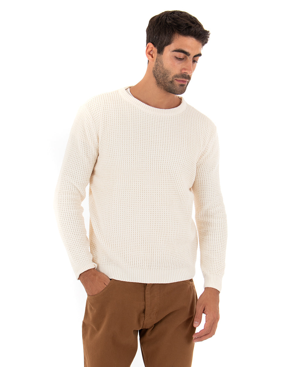 Men's Sweater Long Sleeves Chenille Solid Color Cream Crew Neck GIOSAL