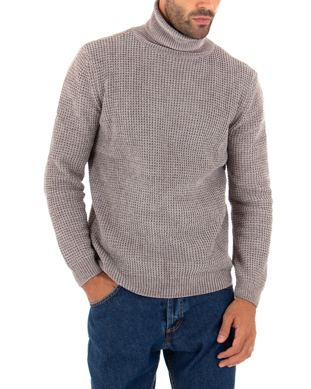 Maglioncino Uomo Ciniglia Collo Alto Pullover Caldo Maglia Maniche Lunghe Lavorata Dolcevita Casual Fango GIOSAL-M2300A