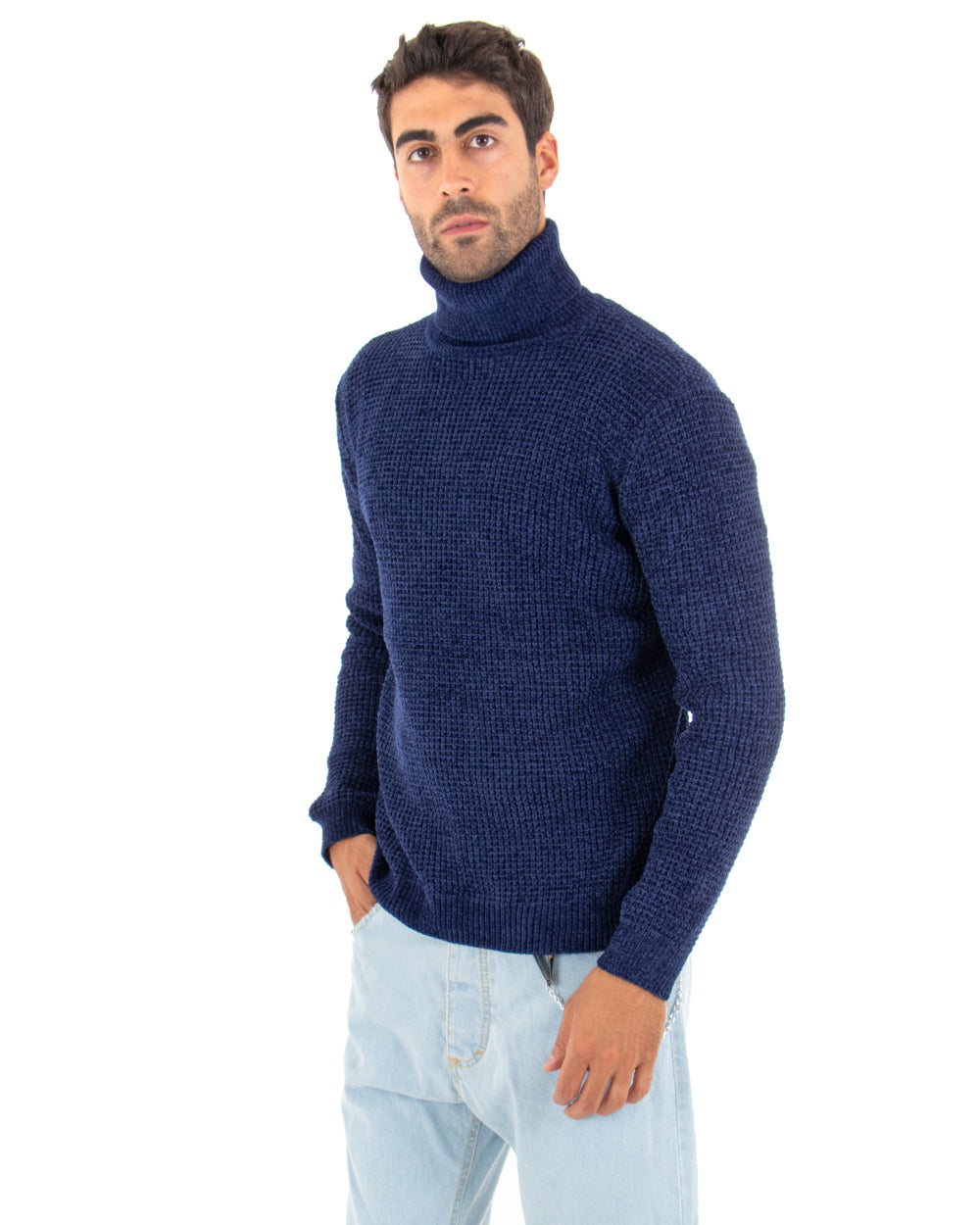 Maglioncino Uomo Ciniglia Collo Alto Pullover Caldo Maglia Maniche Lunghe Lavorata Dolcevita Casual Blu GIOSAL-M2301A