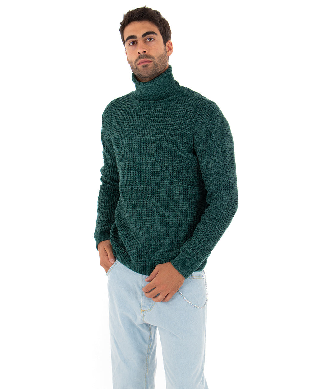 Men's Long Sleeved Chenille Sweater Solid Color Petrol High Neck GIOSAL