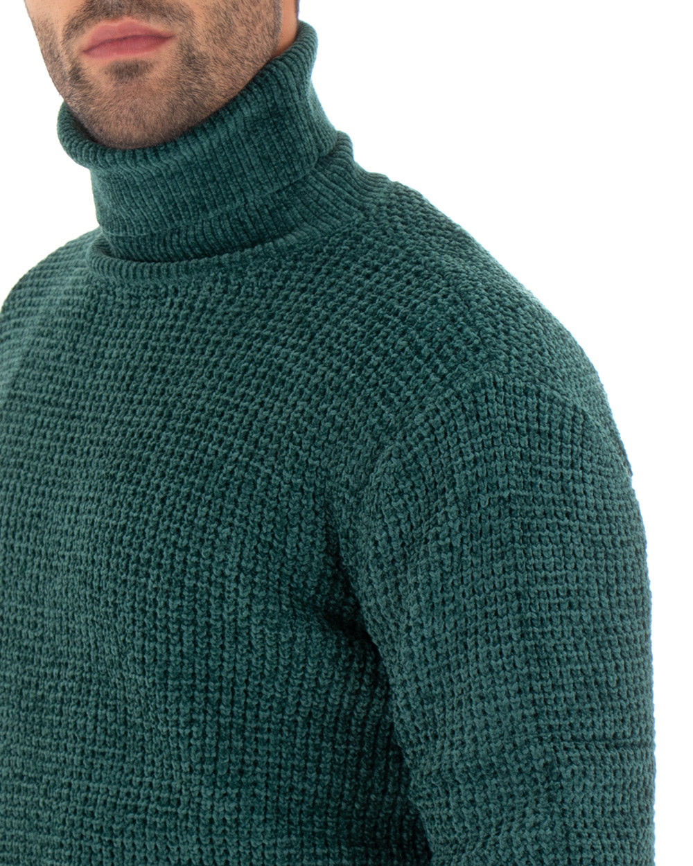 Men's Long Sleeved Chenille Sweater Solid Color Petrol High Neck GIOSAL