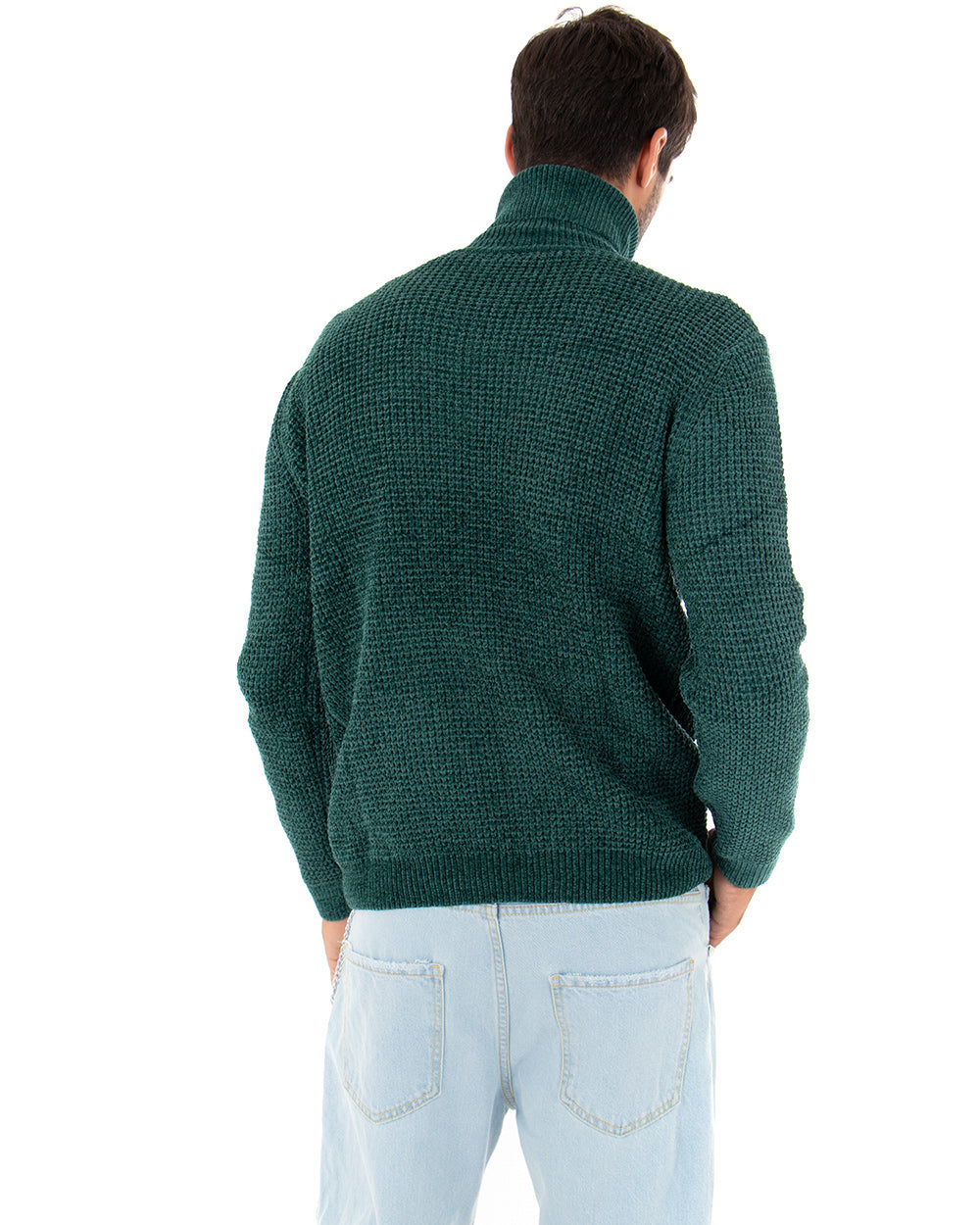 Men's Long Sleeved Chenille Sweater Solid Color Petrol High Neck GIOSAL