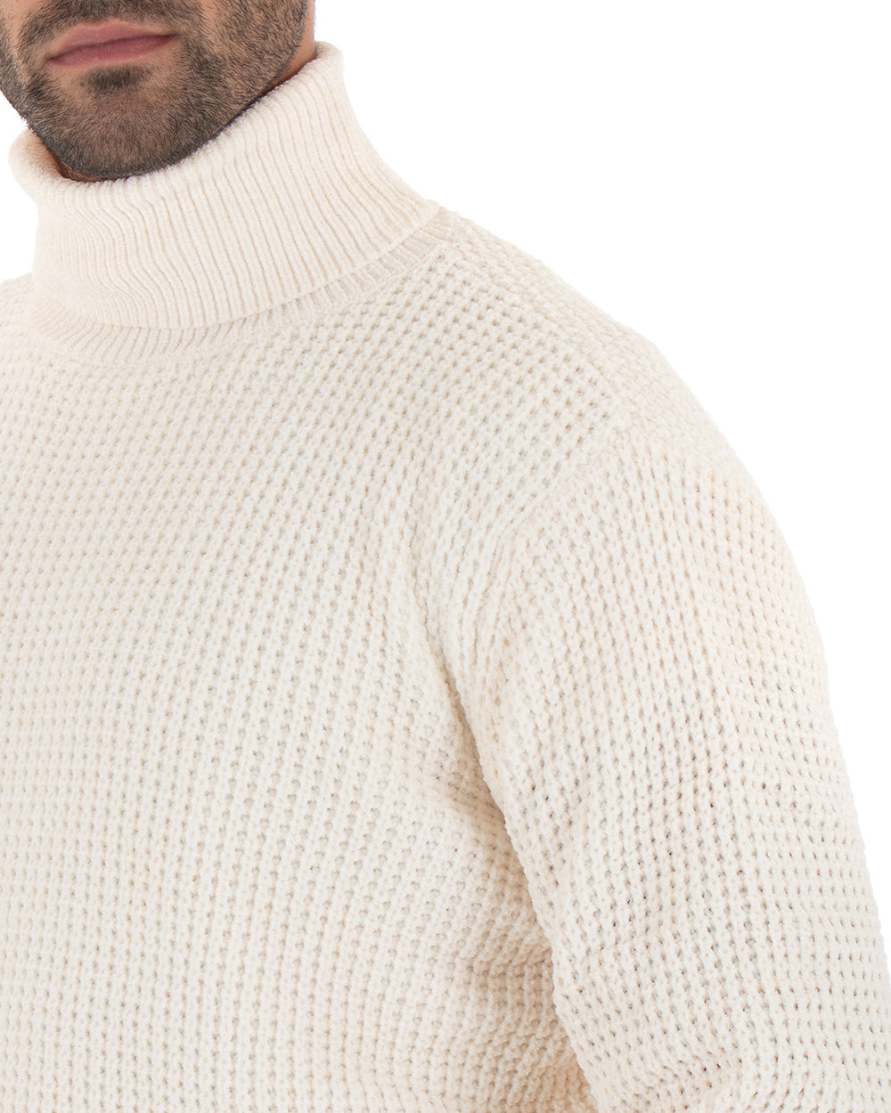 Men's Long Sleeved Chenille Sweater Solid Color Cream High Neck GIOSAL