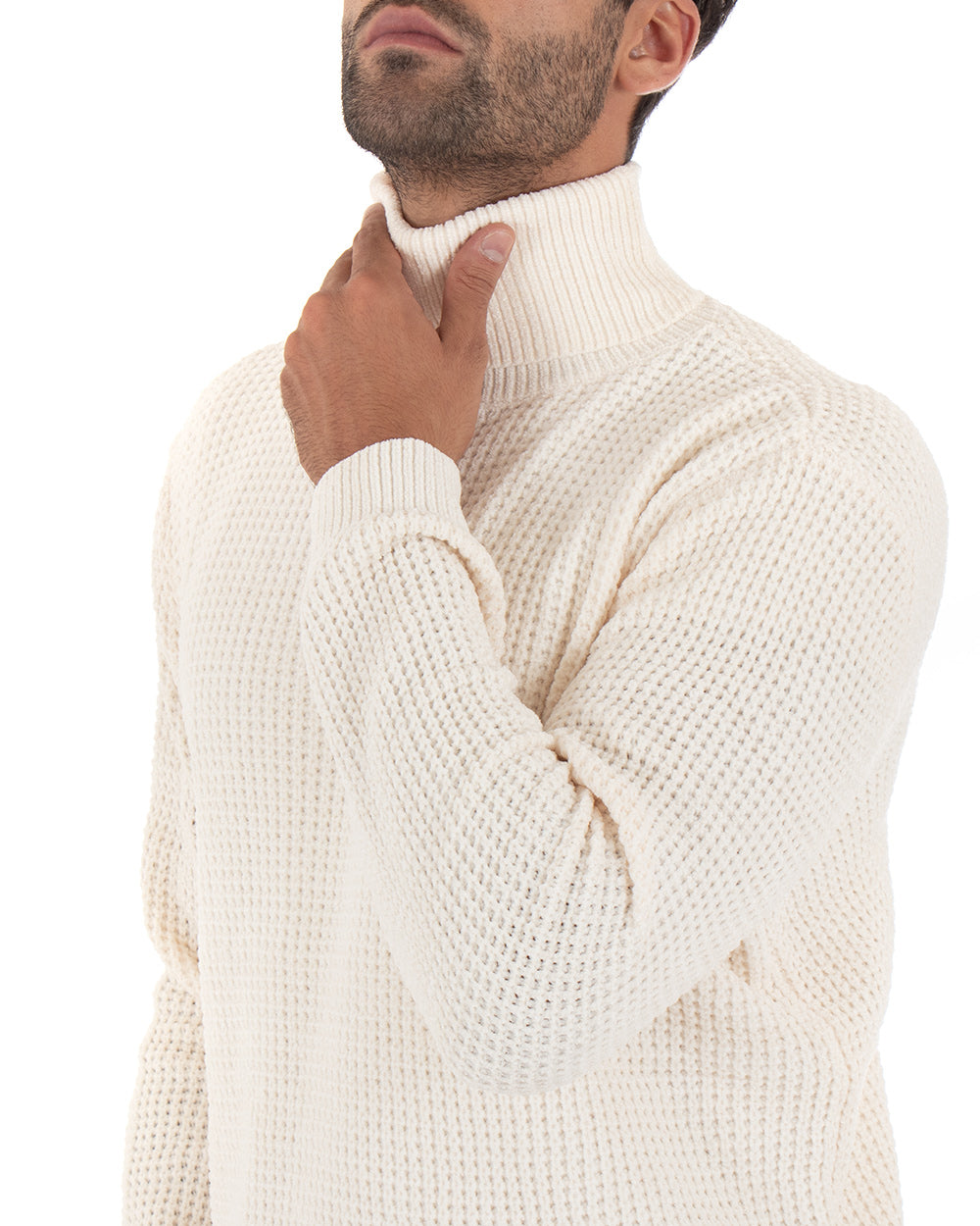 Men's Long Sleeved Chenille Sweater Solid Color Cream High Neck GIOSAL
