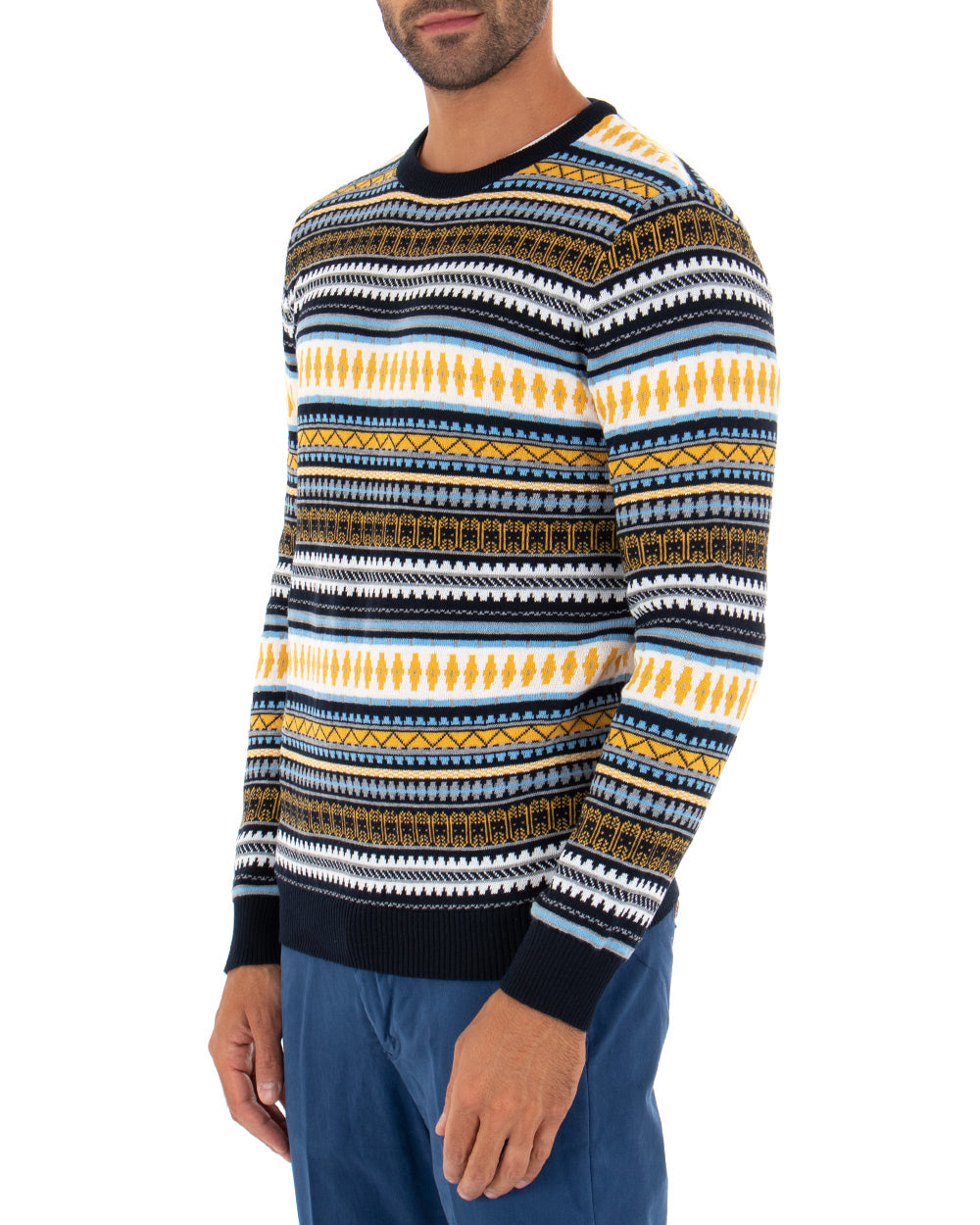 Paul Barrell Men's Sweater Multicolor Light Blue Pattern Crewneck Casual Pullover GIOSAL