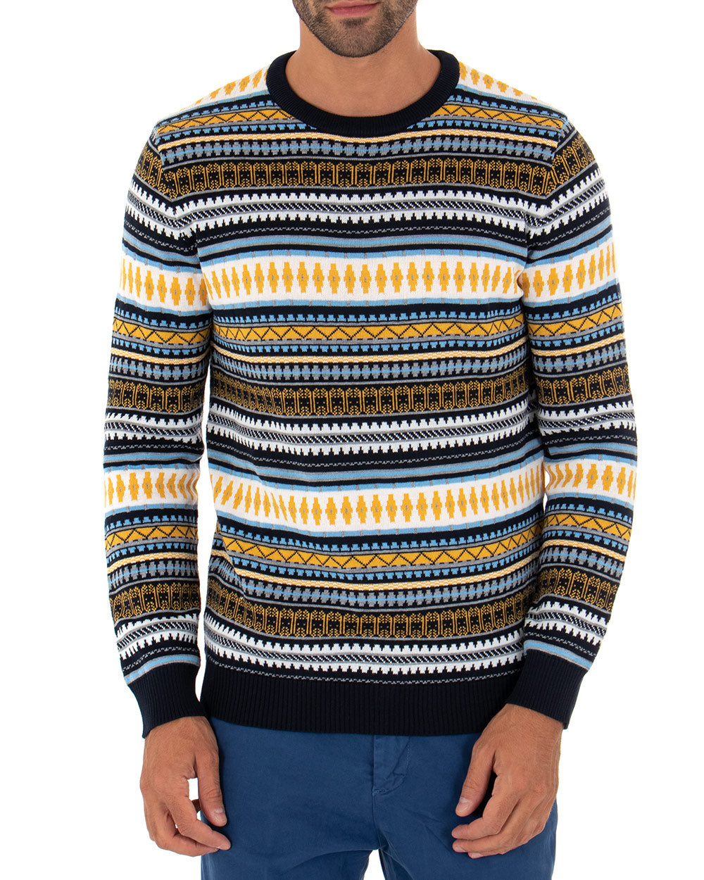 Paul Barrell Men's Sweater Multicolor Light Blue Pattern Crewneck Casual Pullover GIOSAL