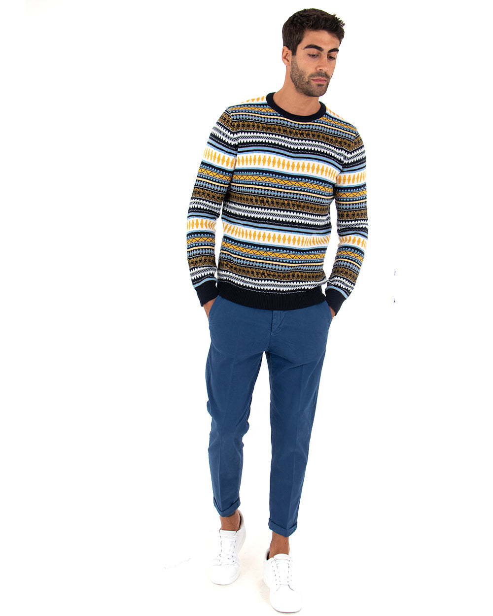 Paul Barrell Men's Sweater Multicolor Light Blue Pattern Crewneck Casual Pullover GIOSAL