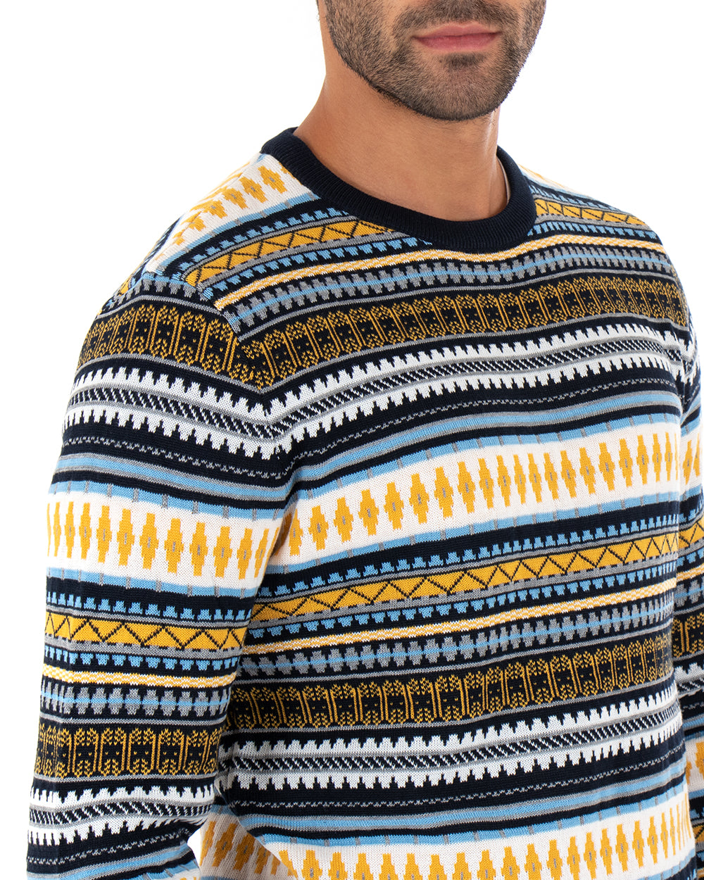 Maglioncino Uomo Girocollo Maglia Multicolore Rigata Etnica Pullover Giallo GIOSAL-M2311A