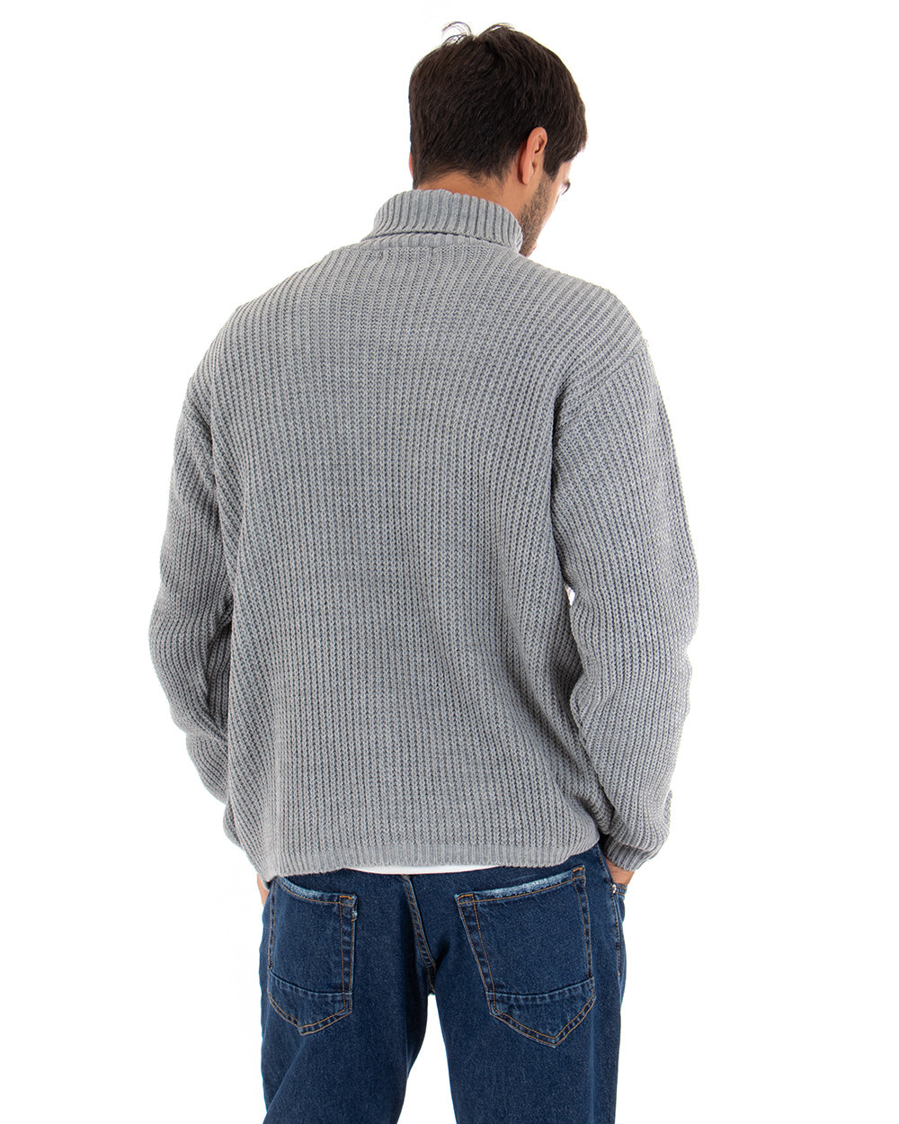 Men's High Neck Cable Sweater Solid Color Gray Long Sleeves Pullover GIOSAL