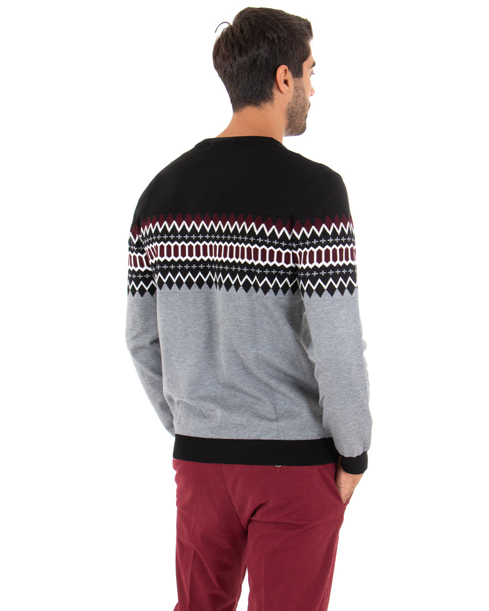 Men's Crew Neck Gray Patterned Long Sleeve Casual Sweater GIOSAL