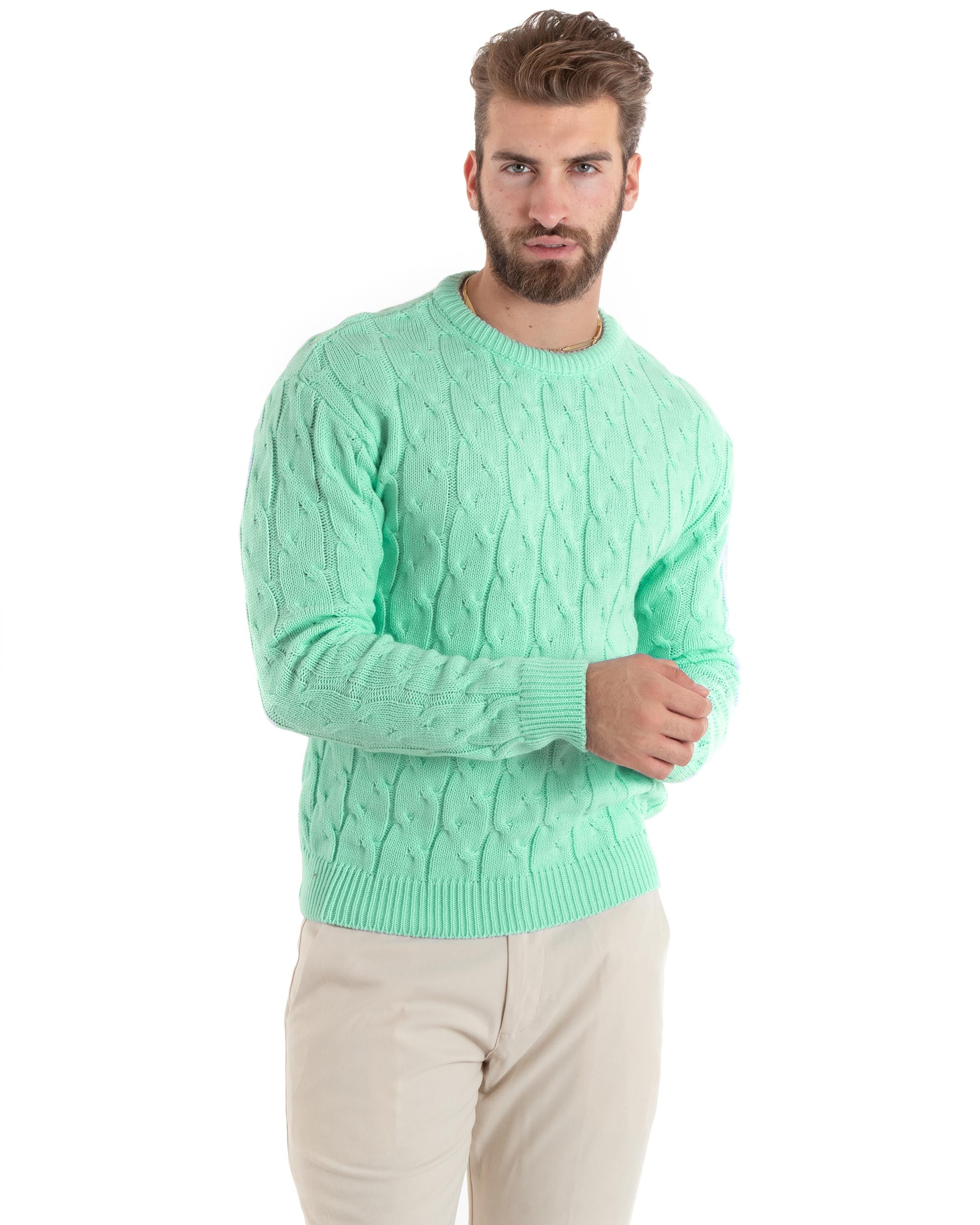 Maglioncino Uomo Girocollo Maglia Inglese Basic Trecce Verde Acqua GIOSAL-M2379A