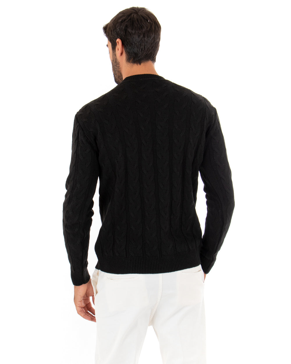 Men's Cable Pullover Sweater Solid Black Crew Neck Paul Barrell GIOSAL