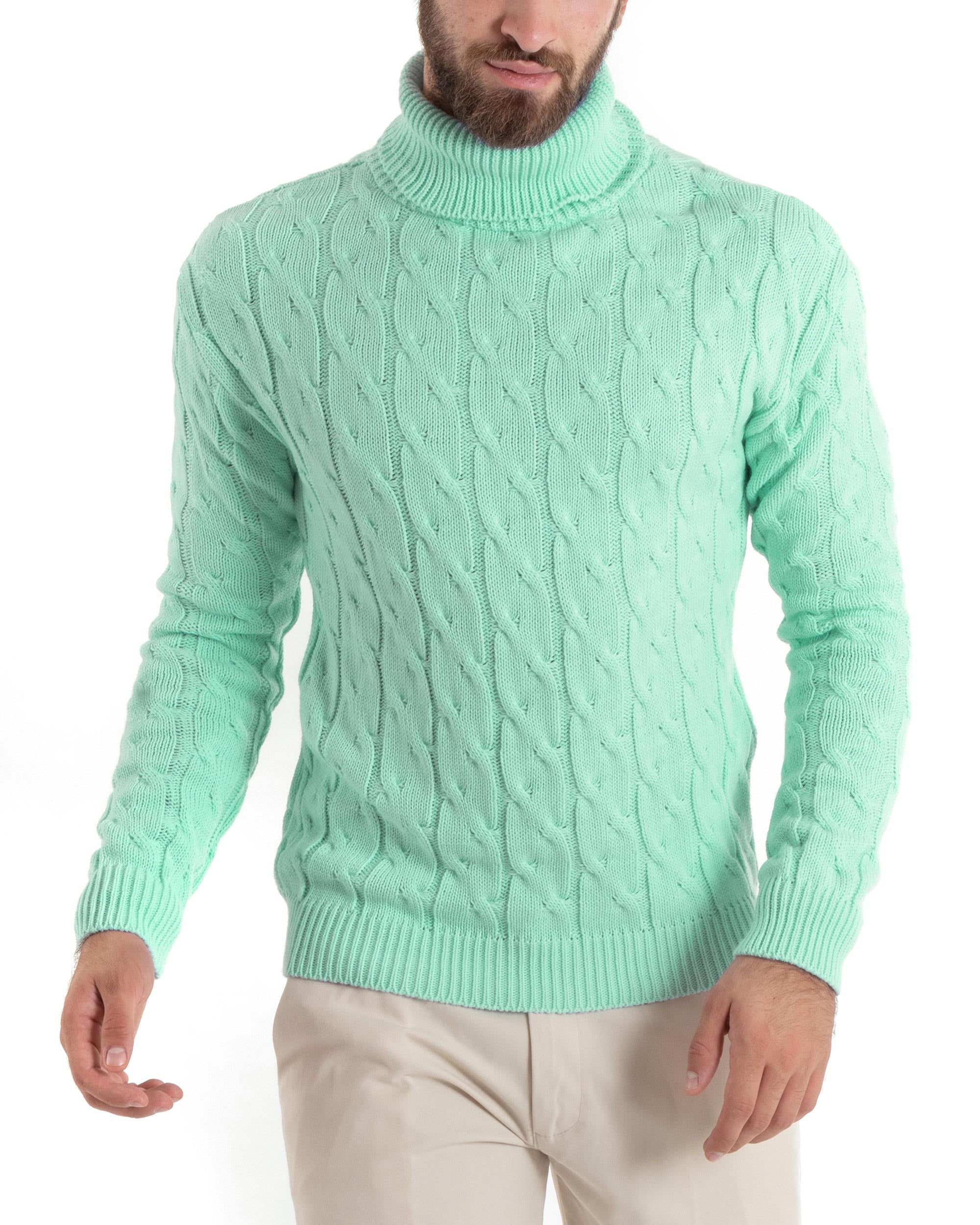 Maglioncino Uomo Collo Alto Maglia Inglese Con Trecce Verde Acqua Pullover Dolcevita GIOSAL-M2395A