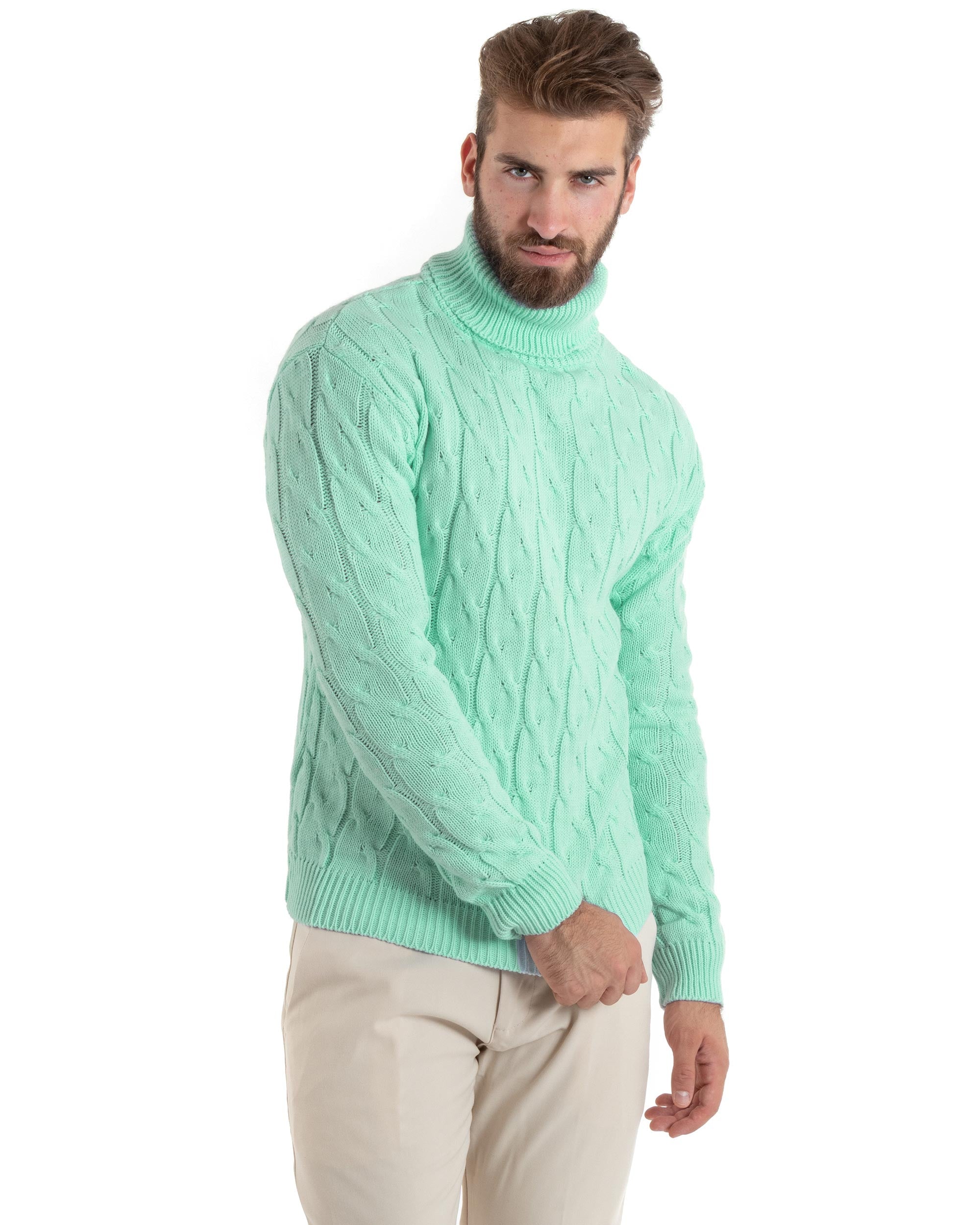 Maglioncino Uomo Collo Alto Maglia Inglese Con Trecce Verde Acqua Pullover Dolcevita GIOSAL-M2395A