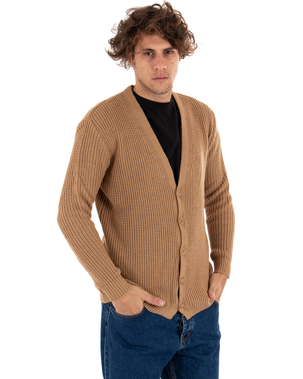 Men's Cardigan Jacket With Buttons V-Neck Sweater English Knit Camel GIOSAL-M2412A