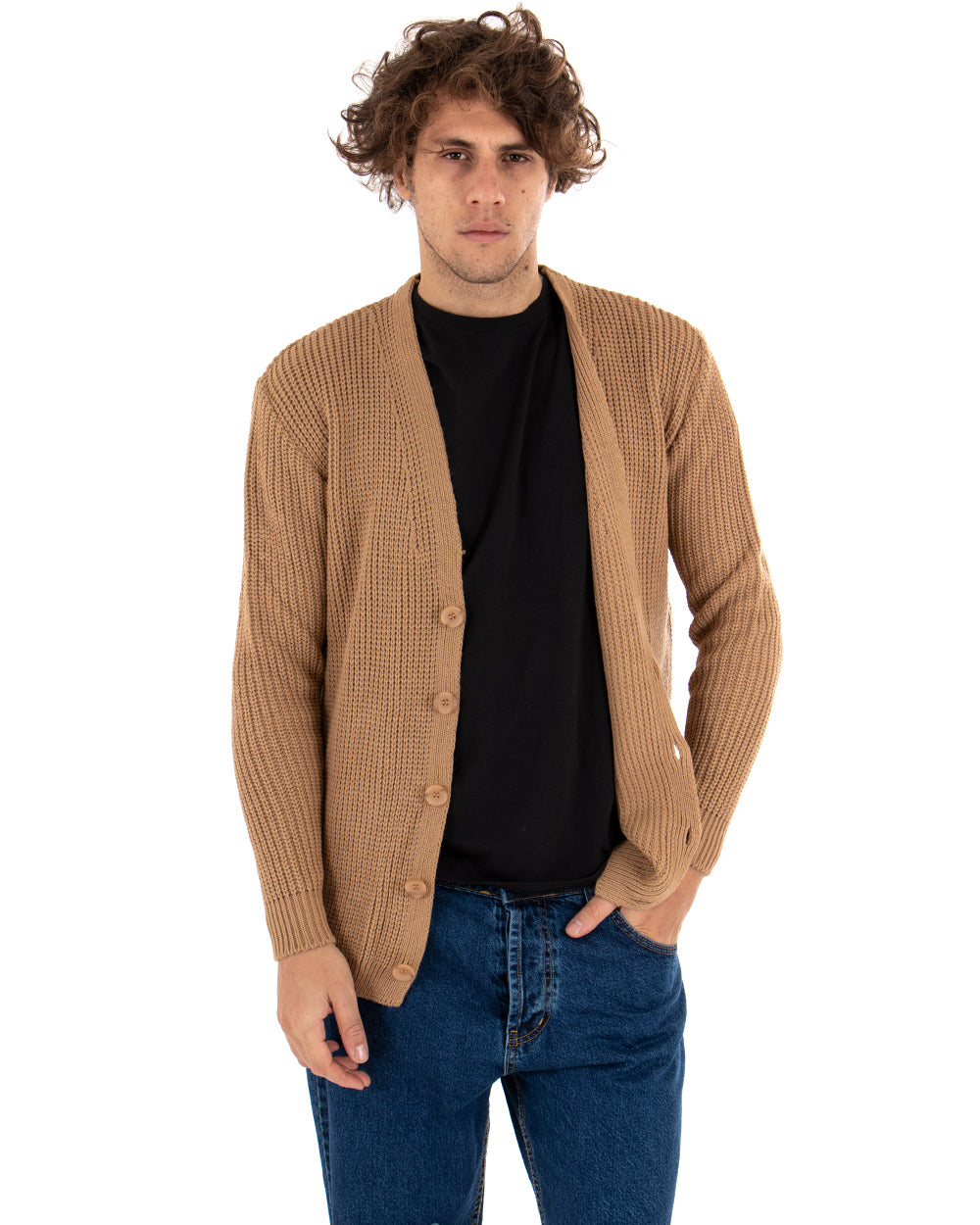 Men's Cardigan Jacket With Buttons V-Neck Sweater English Knit Camel GIOSAL-M2412A