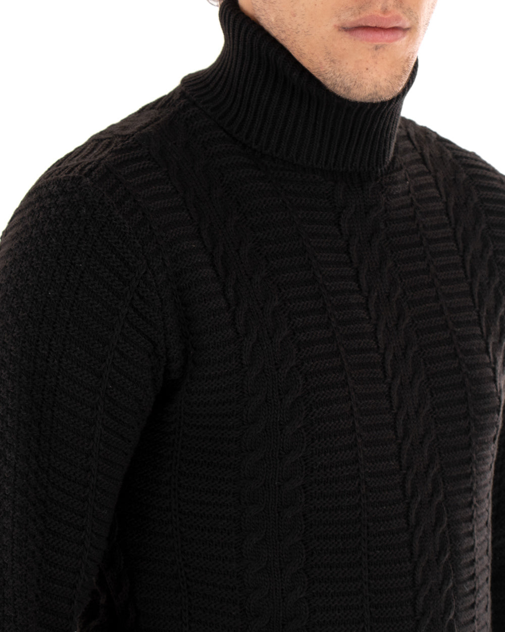 Men's Pullover Sweater Plain Black Paul Barrell High Neck Braids GIOSAL