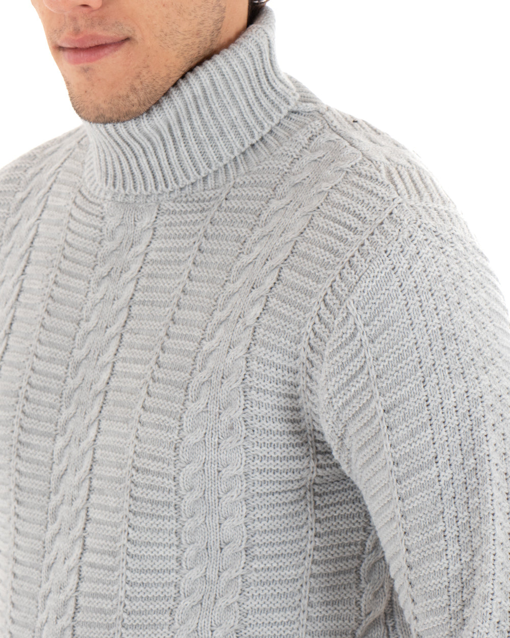 Maglioncino Uomo Collo Alto Maglia Inglese Basic Con Trecce Grigio Dolcevita GIOSAL-M2416A