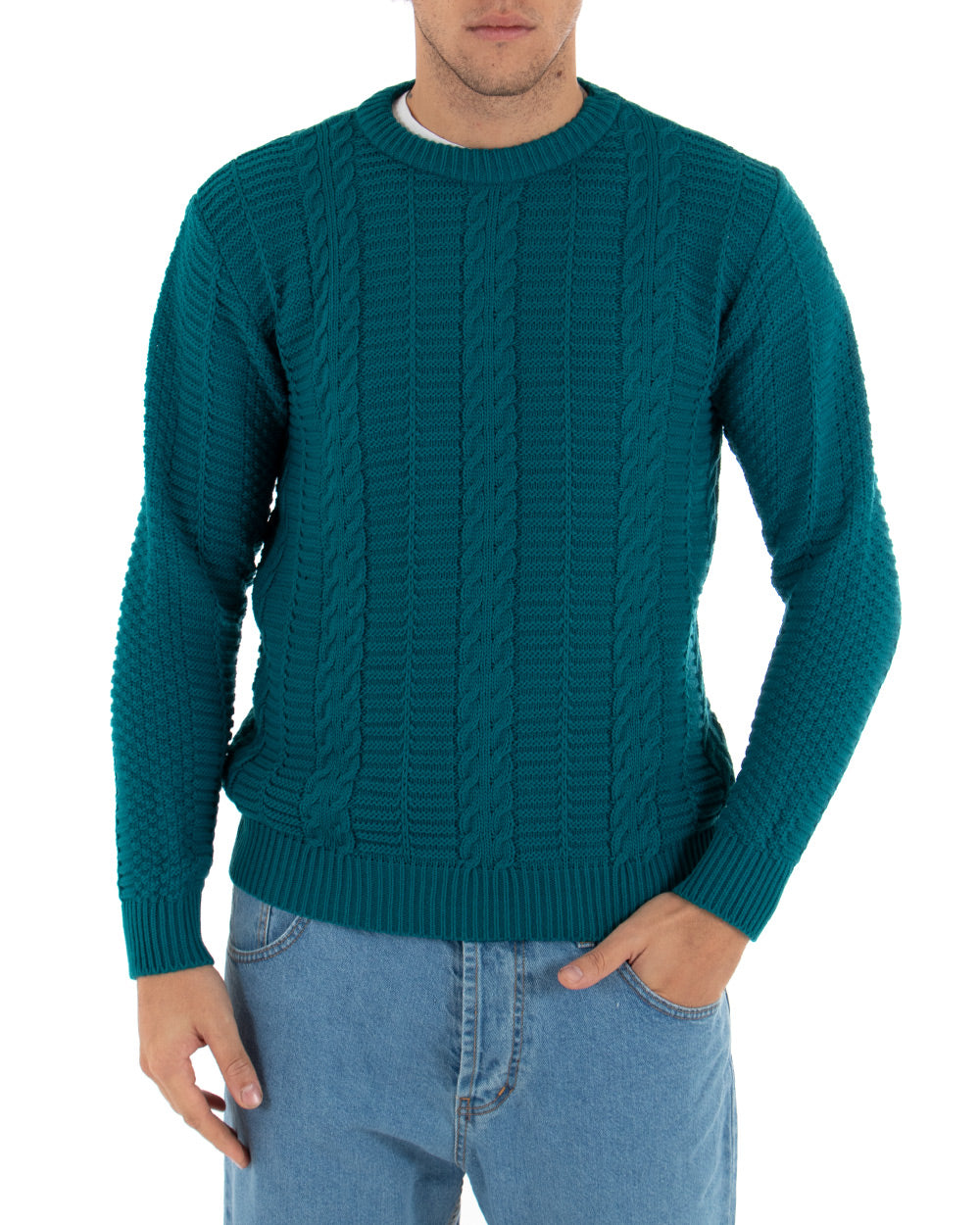 Paul Barrell Men's Woven Pullover Solid Color Petrol Casual Crewneck Sweater GIOSAL