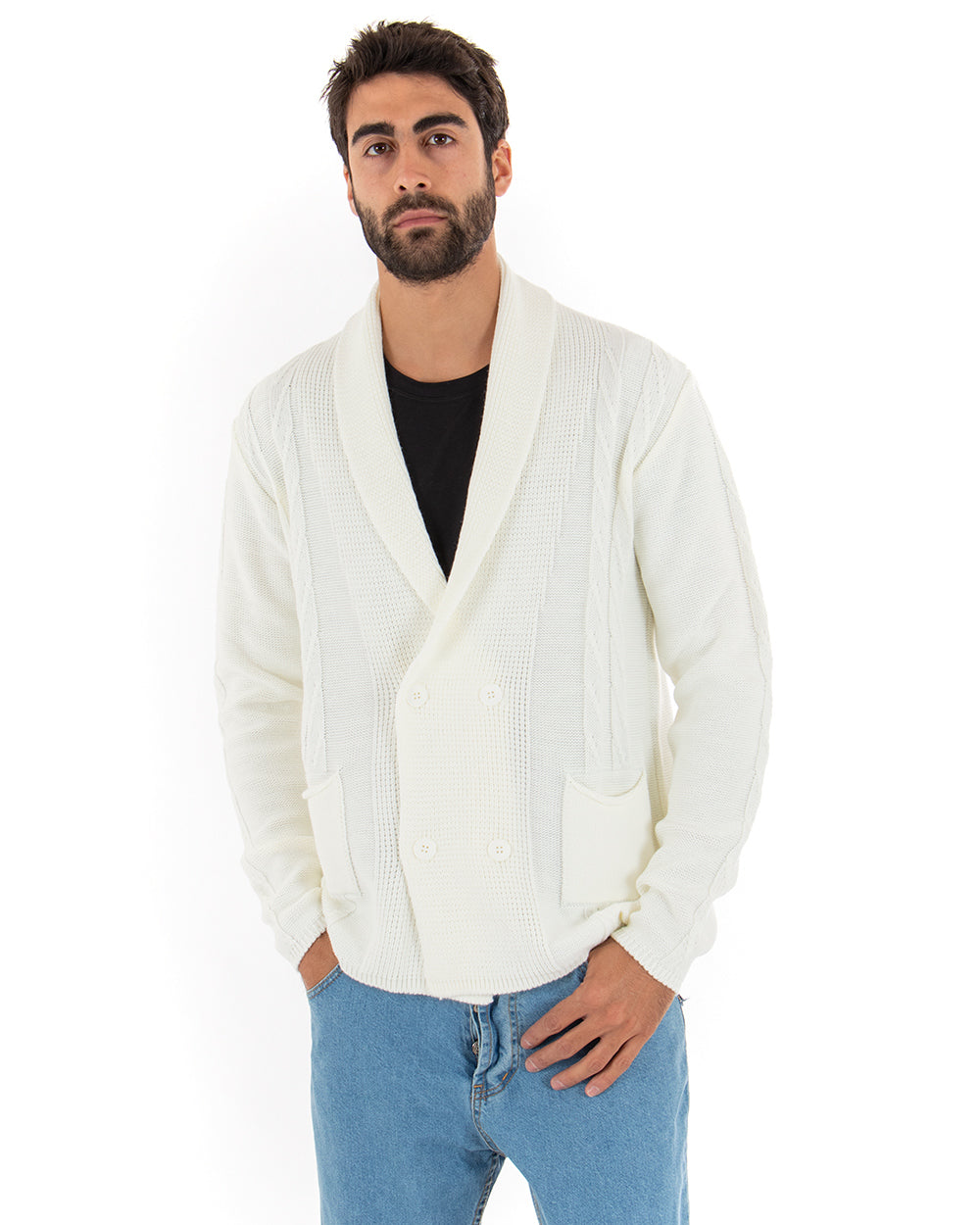Men's V-Neck Cardigan Double-breasted Sweater Knitted Jacket With Buttons Cream GIOSAL-M2431A