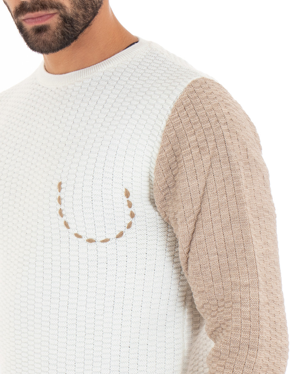 Paul Barrell Men's Sweater Two-Tone Pocket Beige White Long Sleeves GIOSAL